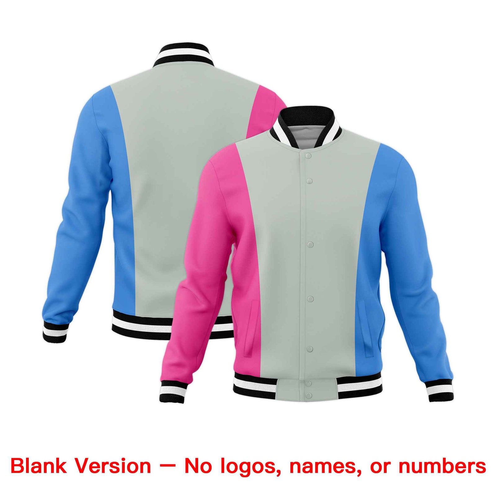 Custom Gray Pink Powder Blue Personalization Varsity Full-Snap Three Color Blocks Letterman Jacket| KXKSHOP
