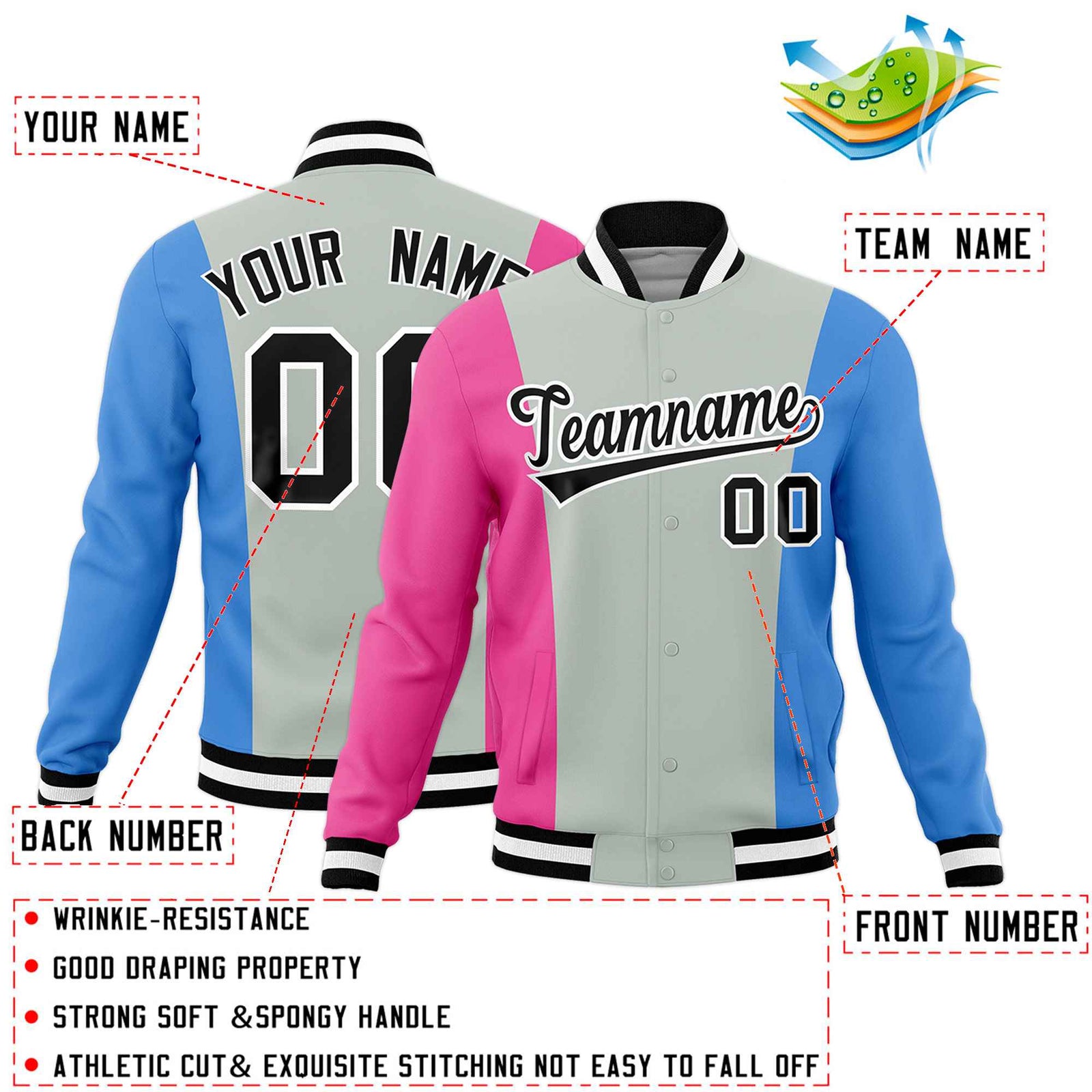 Custom Gray Pink Powder Blue Personalization Varsity Full-Snap Three Color Blocks Letterman Jacket| KXKSHOP