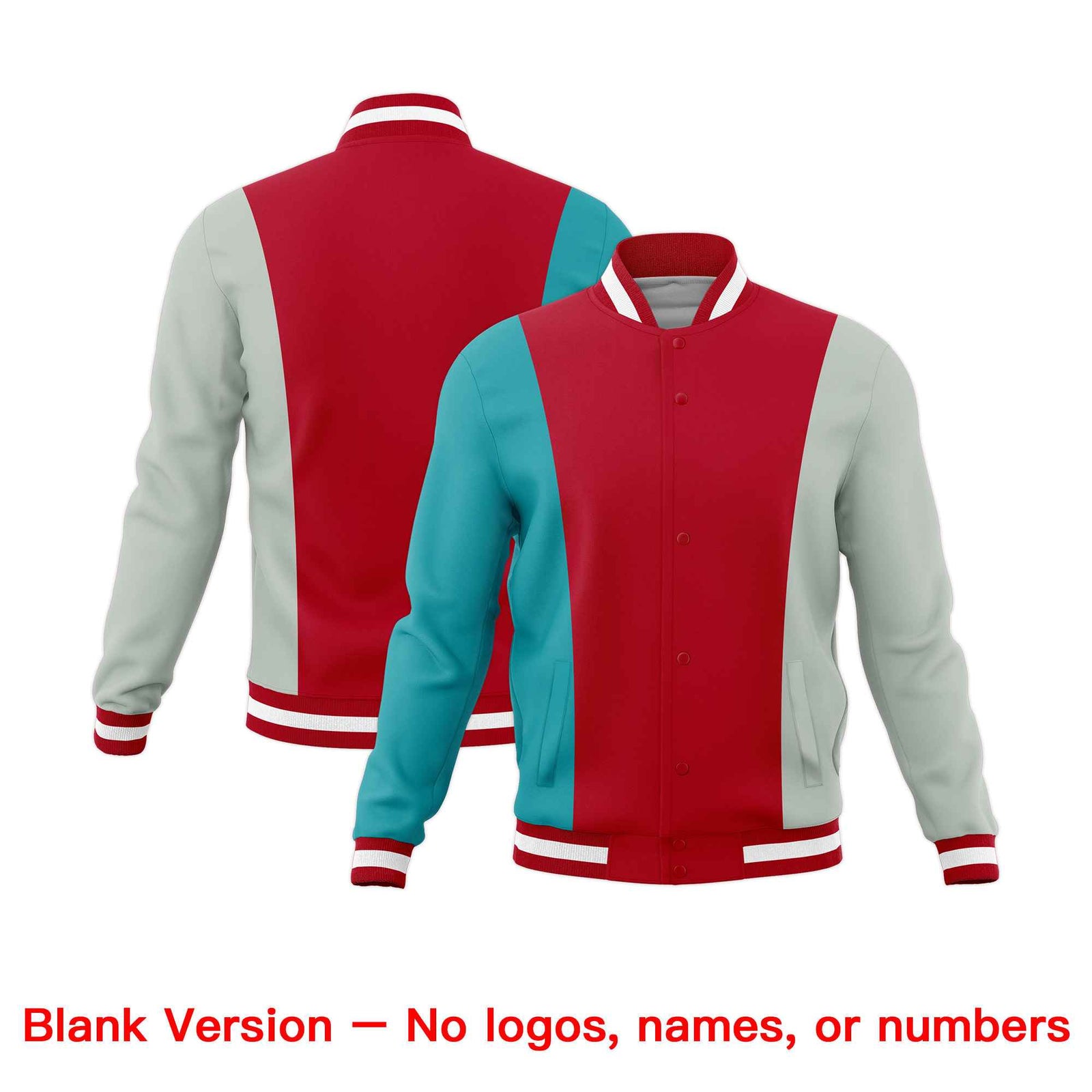 Custom Red Aqua Gray Personalization Varsity Full-Snap Three Color Blocks Letterman Jacket| KXKSHOP