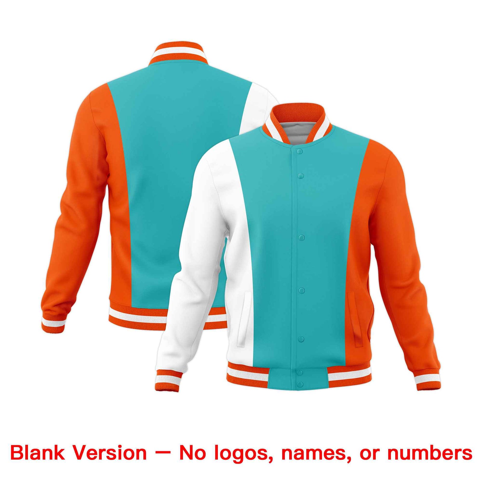 Custom Teal White Orange Personalization Varsity Full-Snap Three Color Blocks Letterman Jacket| KXKSHOP
