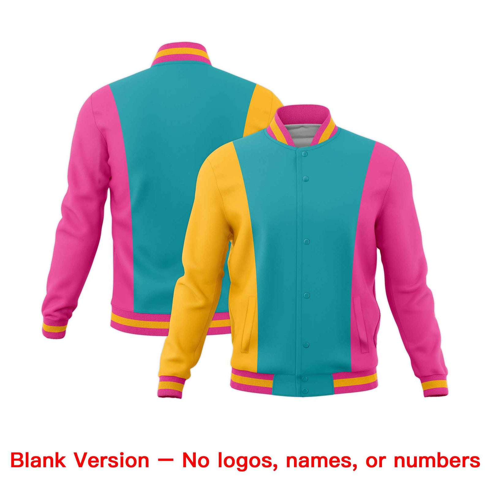 Custom Aqua Yellow Pink Personalization Varsity Full-Snap Three Color Blocks Letterman Jacket| KXKSHOP