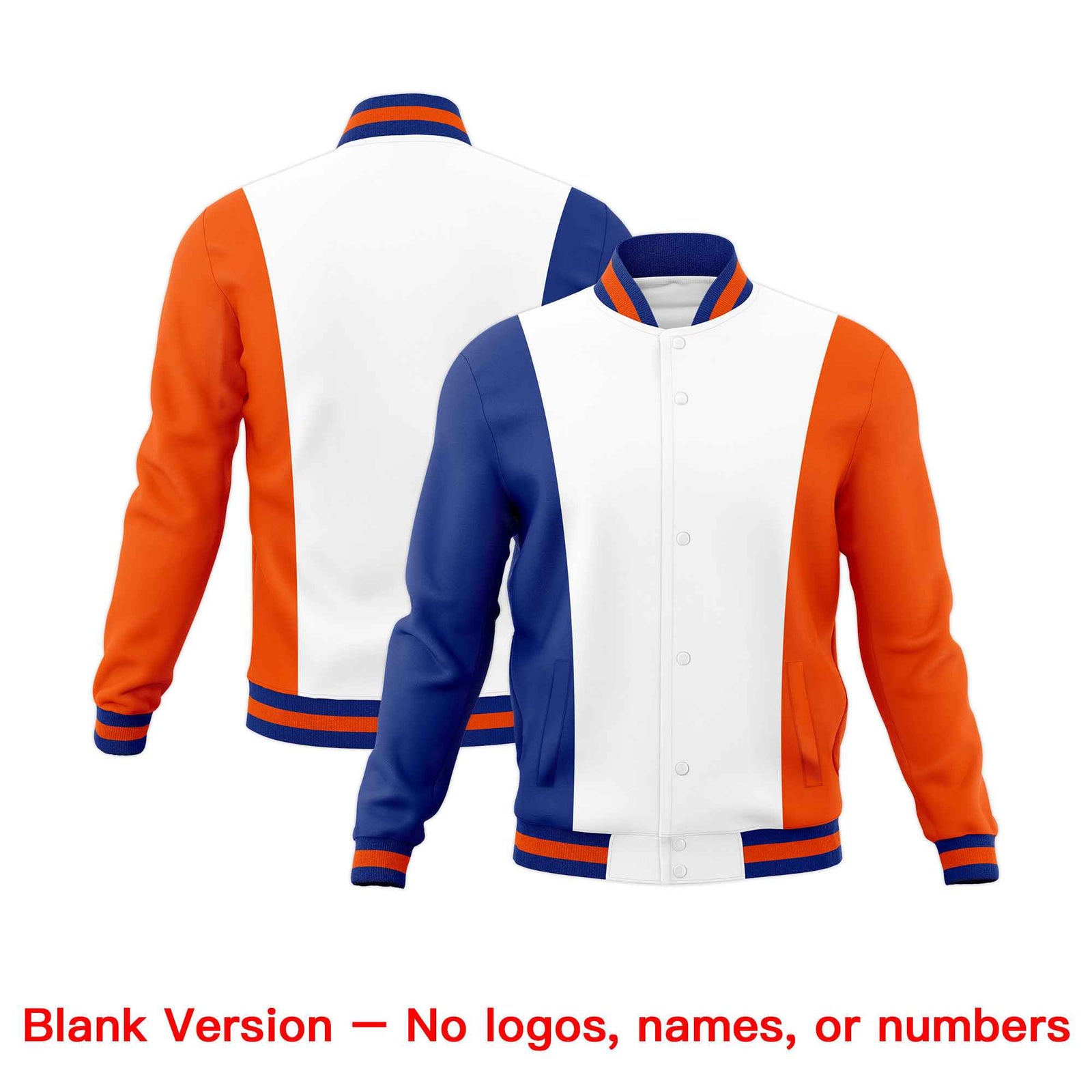 Custom White Royal Blue Orange Personalization Varsity Full-Snap Three Color Blocks Letterman Jacket