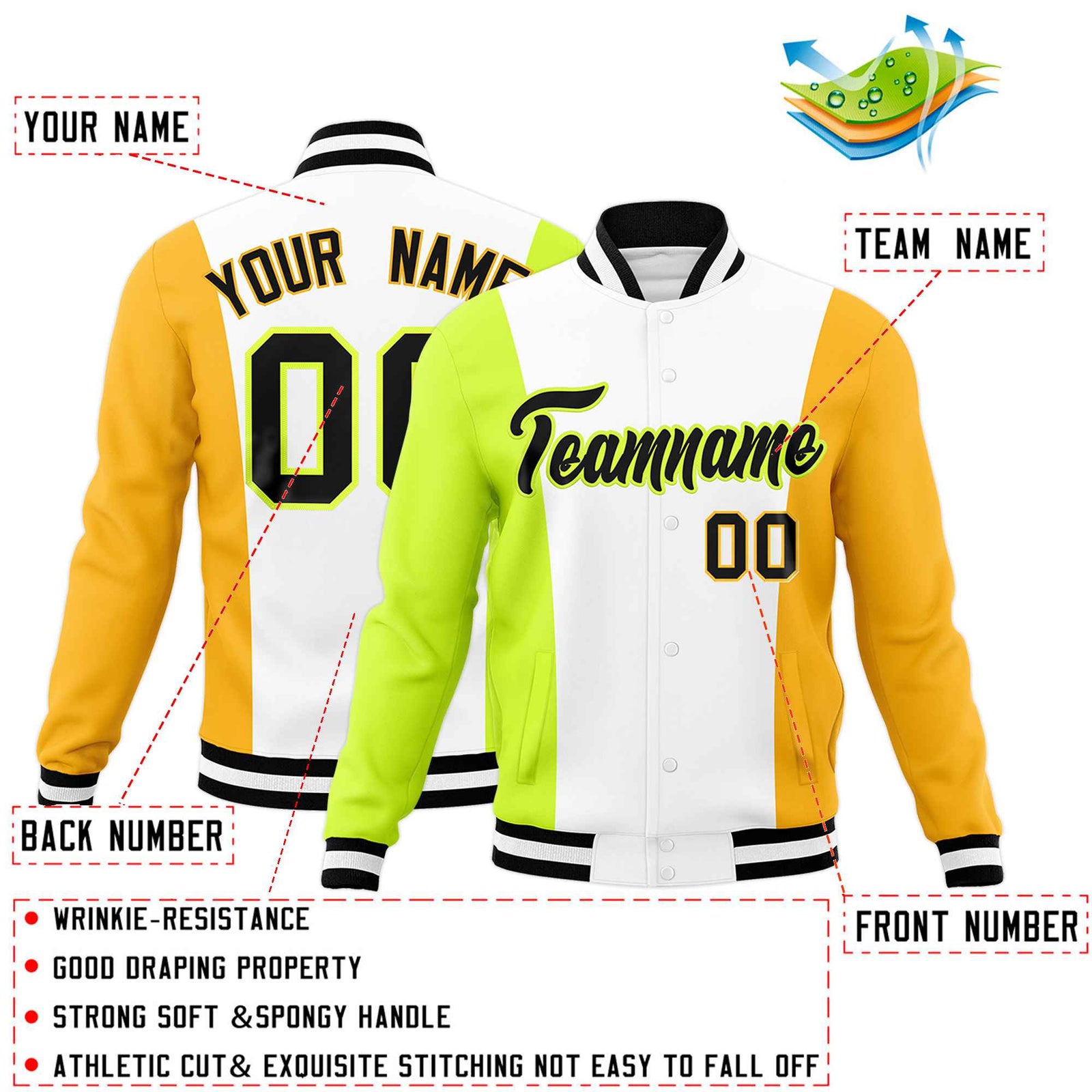 Custom White Fluorescent Green Yellow Personalization Varsity Full-Snap Three Color Blocks Letterman Jacket