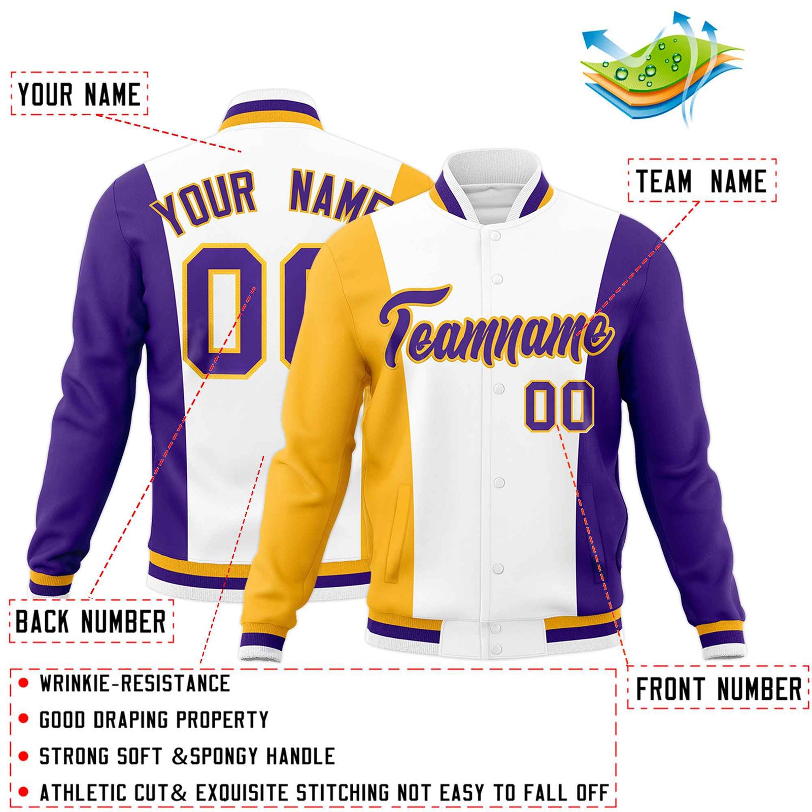 Custom White Yellow Purple Personalization Varsity Full-Snap Three Color Blocks Letterman Jacket
