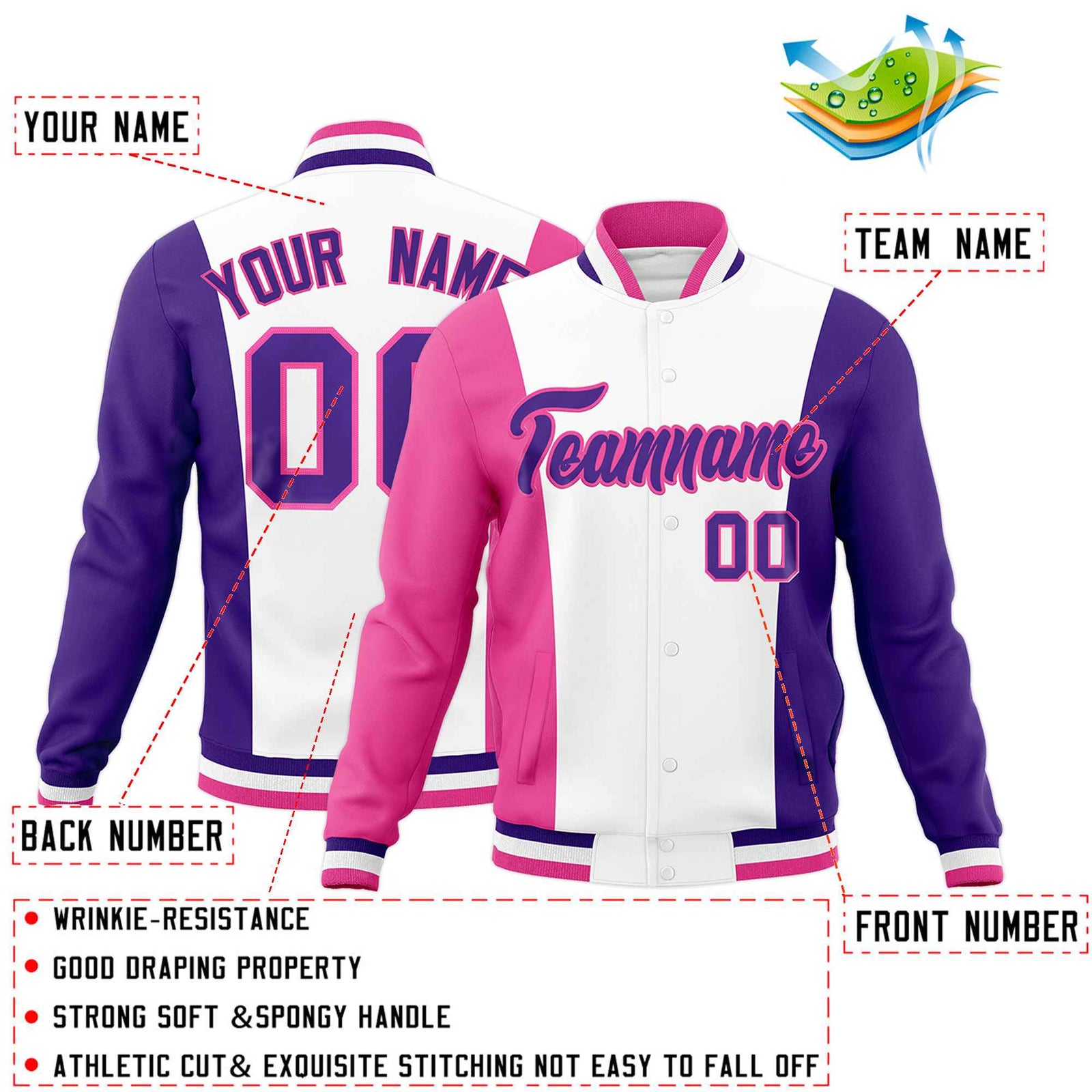 Custom White Pink Purple Personalization Varsity Full-Snap Three Color Blocks Letterman Jacket