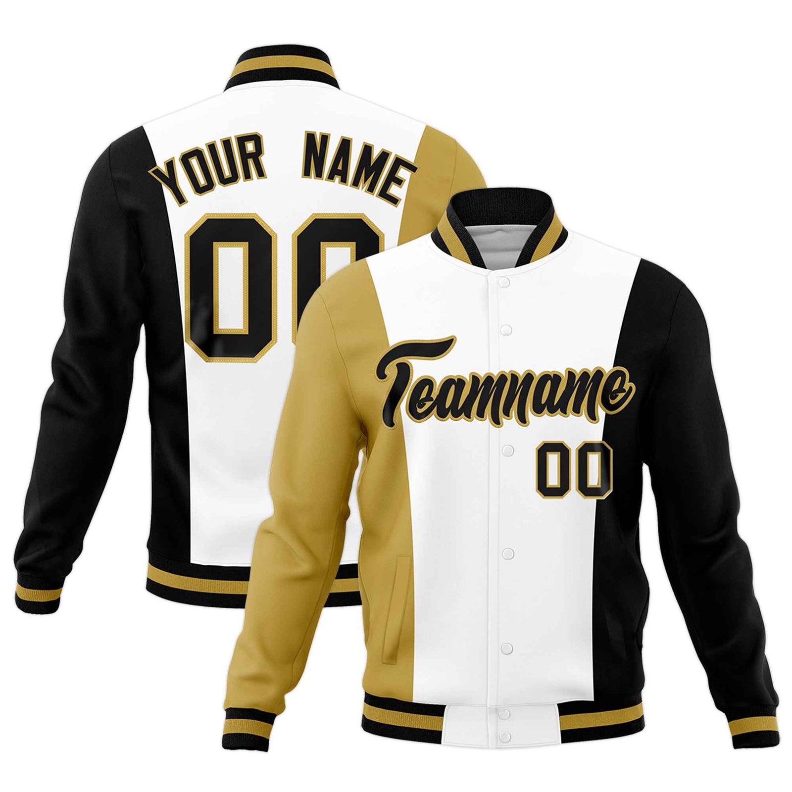 Custom White Old Gold Black Personalization Varsity Full-Snap Three Color Blocks Letterman Jacket