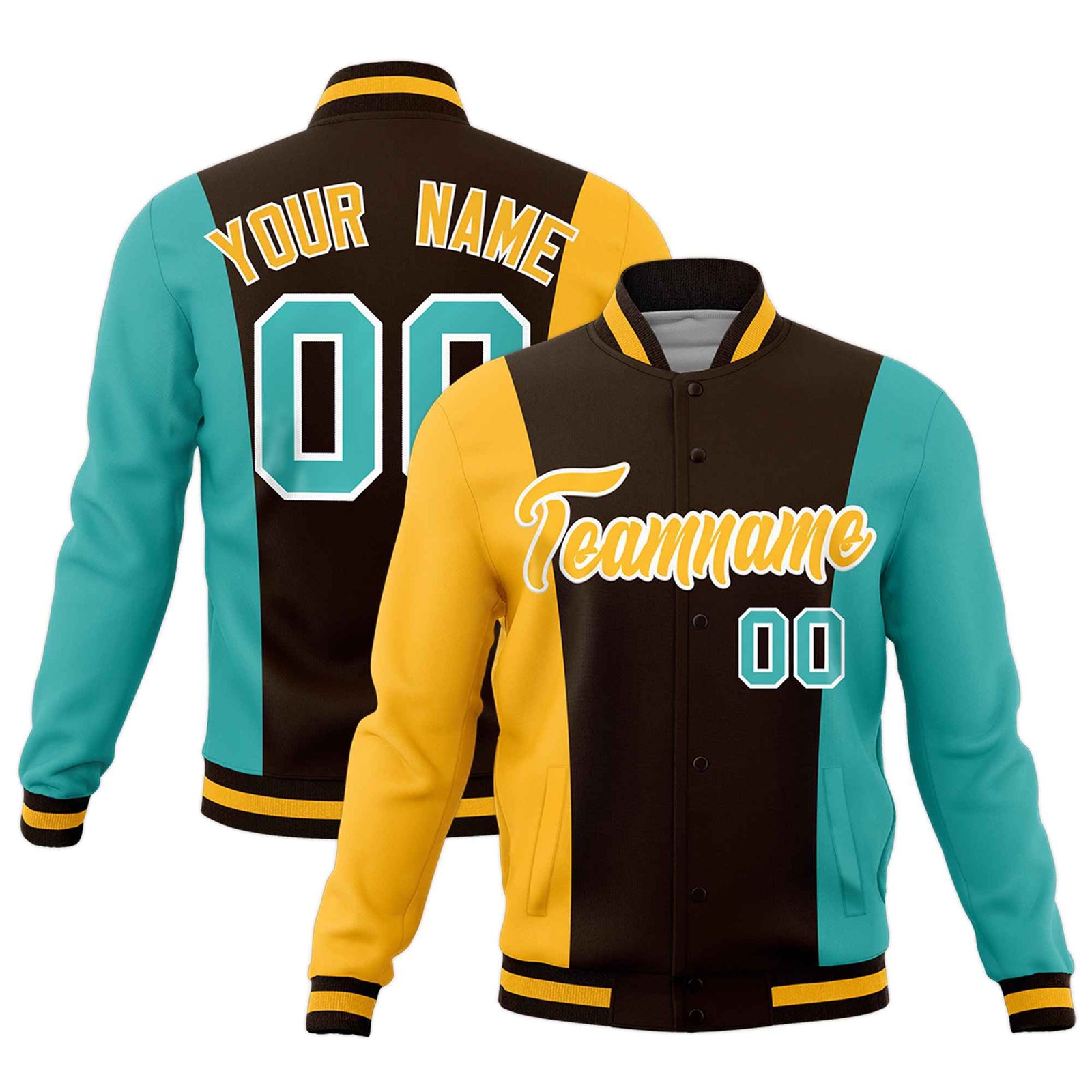 Custom Brown Yellow Teal Personalization Varsity Full-Snap Three Color Blocks Letterman Jacket