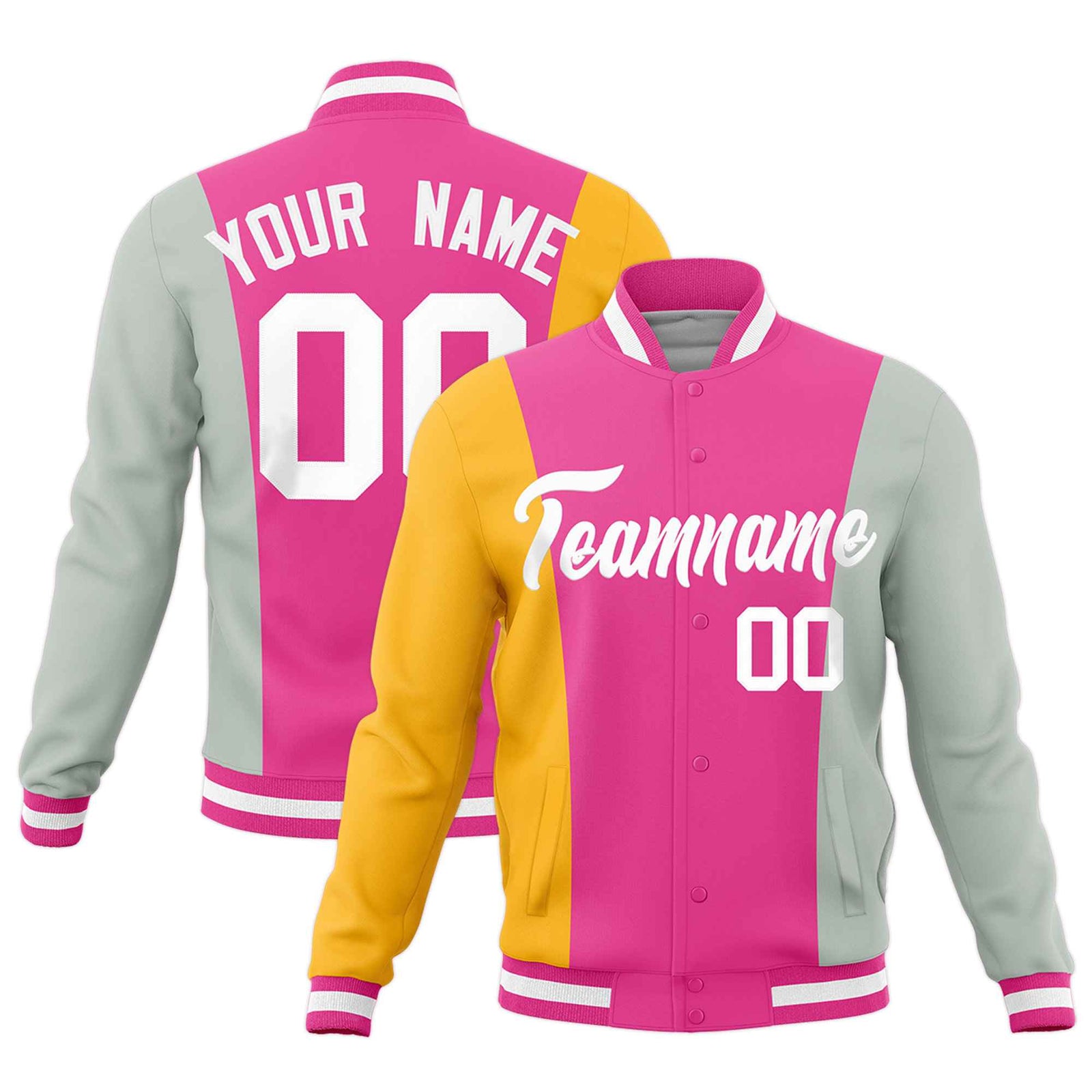 Custom Pink Yellow Gray Personalization Varsity Full-Snap Three Color Blocks Letterman Jacket