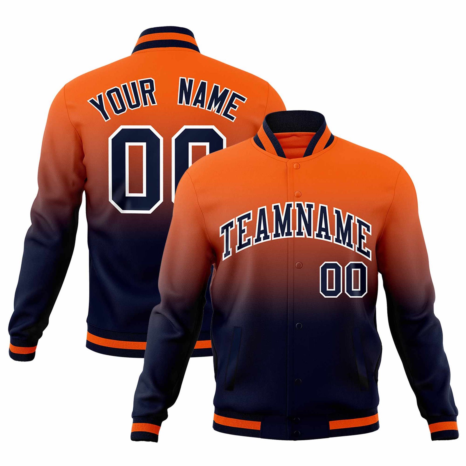 Custom Navy Orange Full-Snap Varsity Personalization Gradient Fashion Letterman Jacket