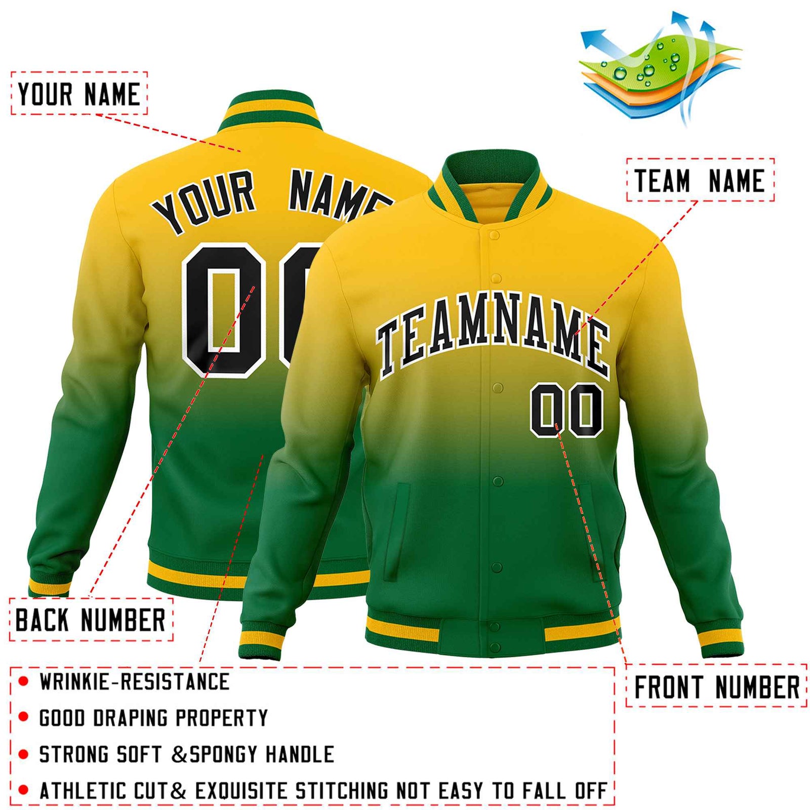 Custom Yellow Kelly Green Full-Snap Varsity Personalization Gradient Fashion Letterman Jacket