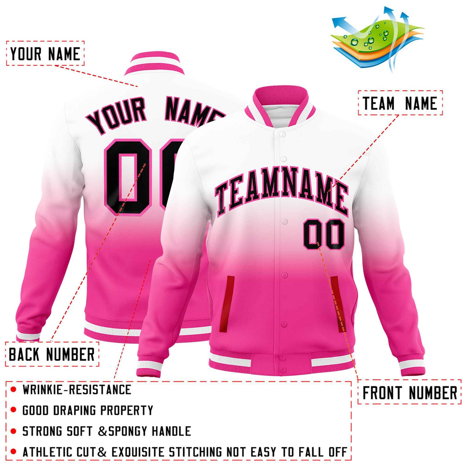 Custom White Pink Full-Snap Varsity Personalization Gradient Fashion Letterman Jacket