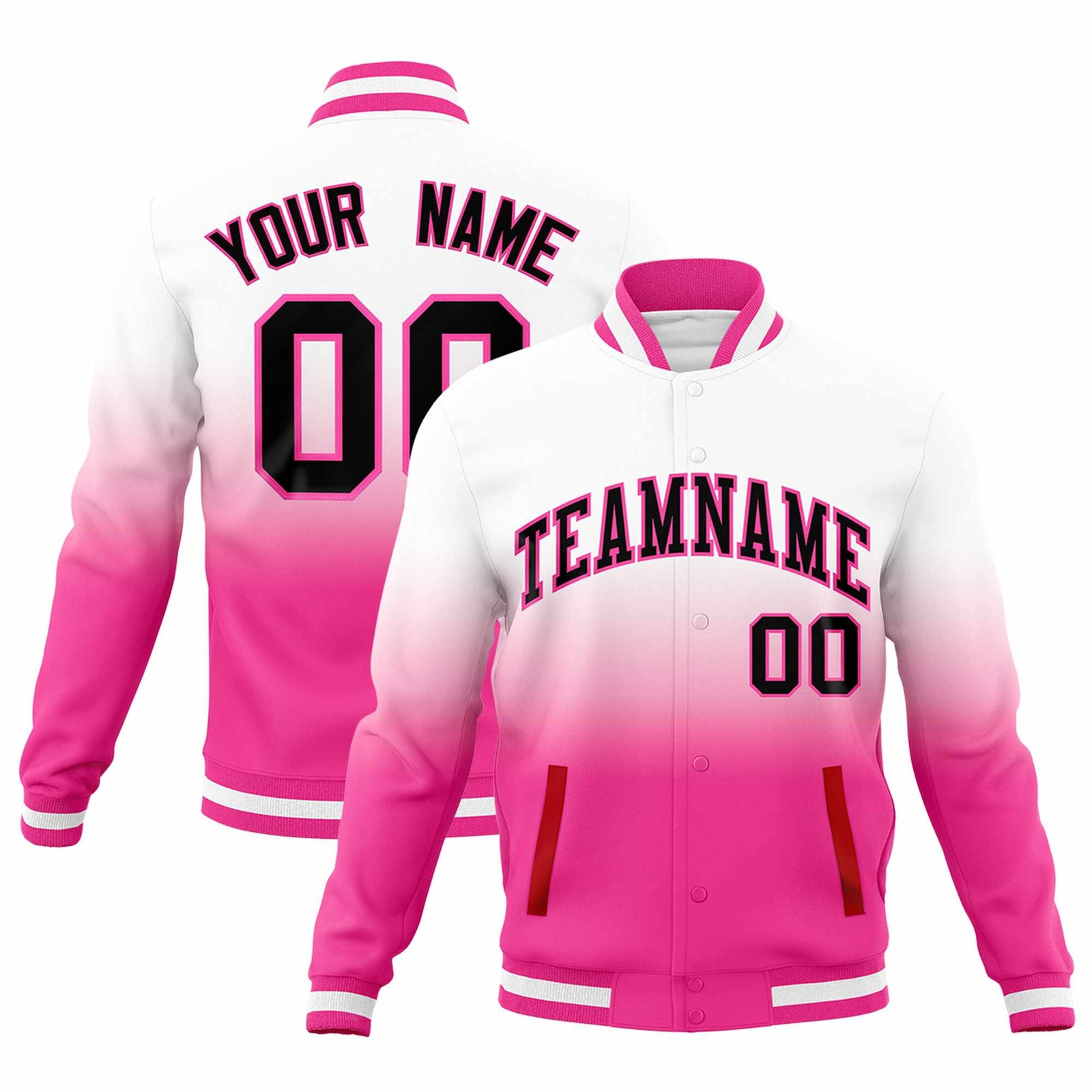 Custom White Pink Full-Snap Varsity Personalization Gradient Fashion Letterman Jacket