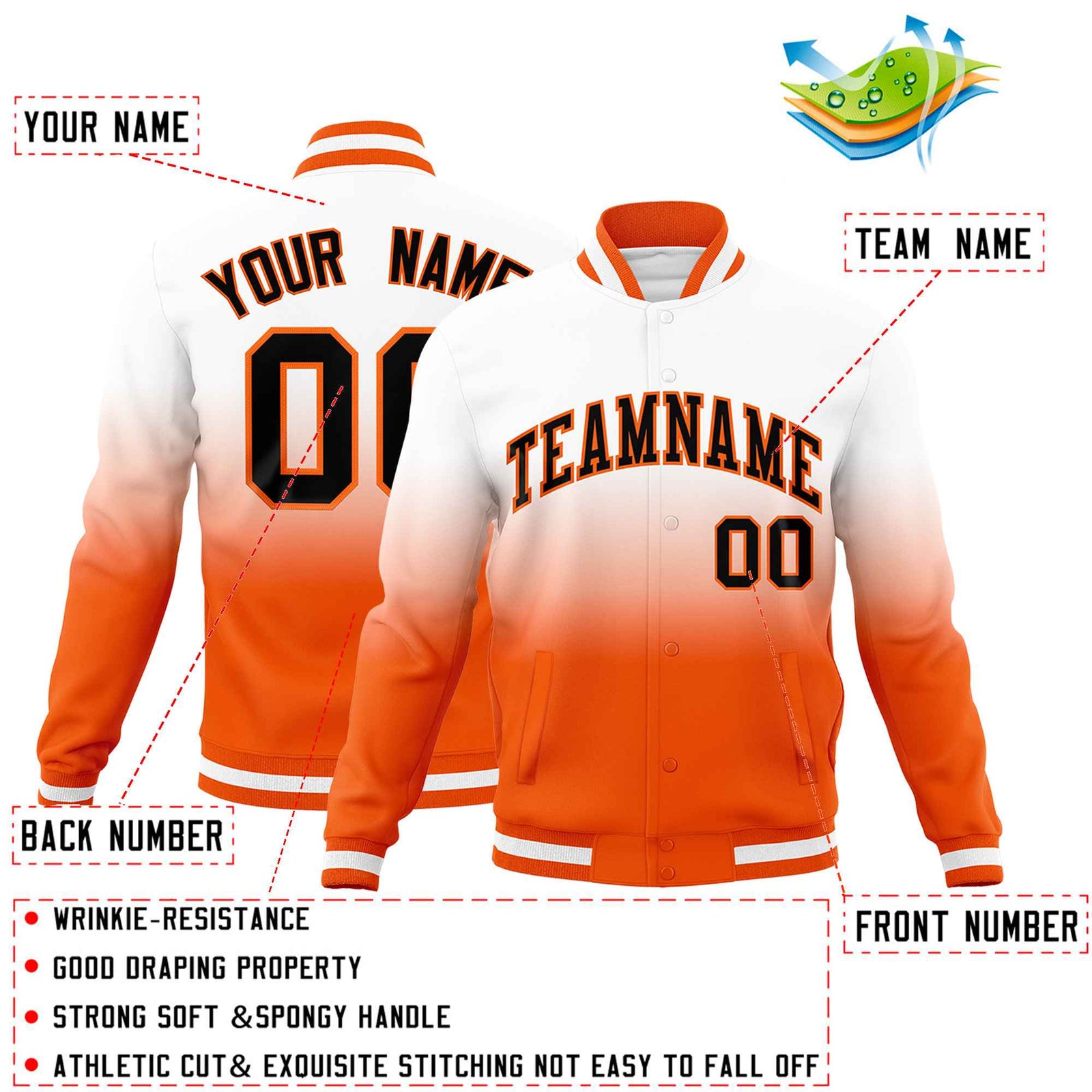 Custom White Orange Full-Snap Varsity Personalization Gradient Fashion Letterman Jacket