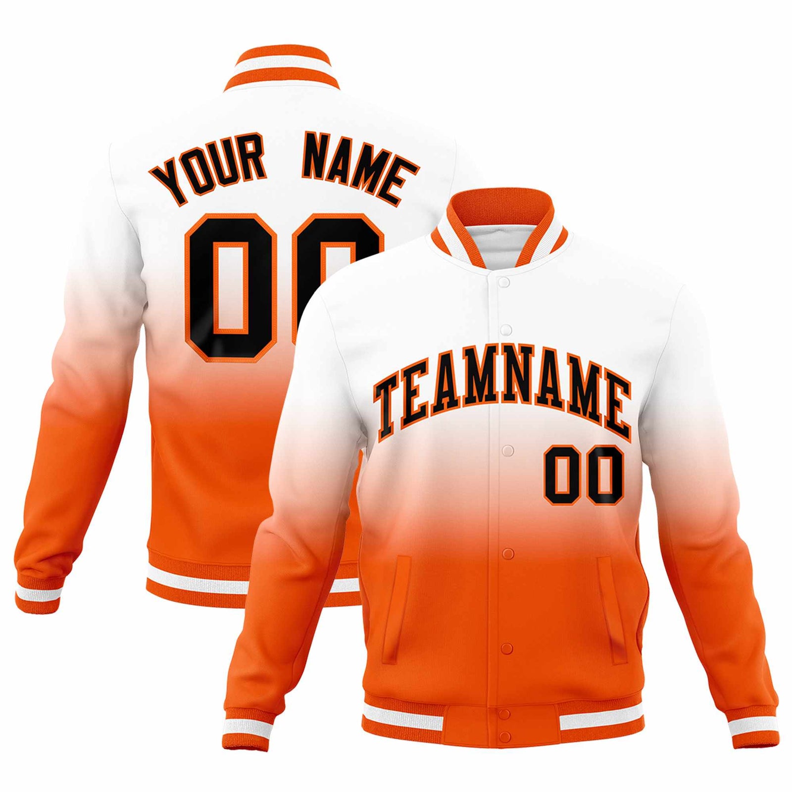 Custom White Orange Full-Snap Varsity Personalization Gradient Fashion Letterman Jacket