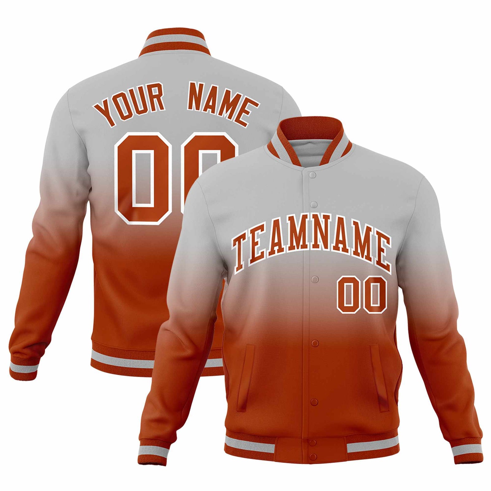 Custom Gray Dark Orange Full-Snap Varsity Personalization Gradient Fashion Letterman Jacket