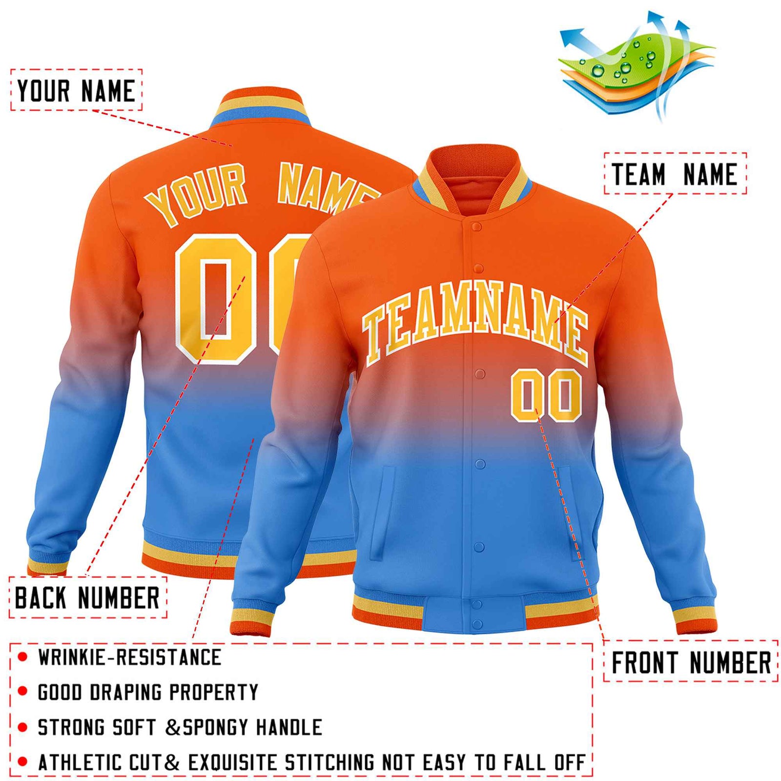Custom Orange Powder Blue Full-Snap Varsity Personalization Gradient Fashion Letterman Jacket