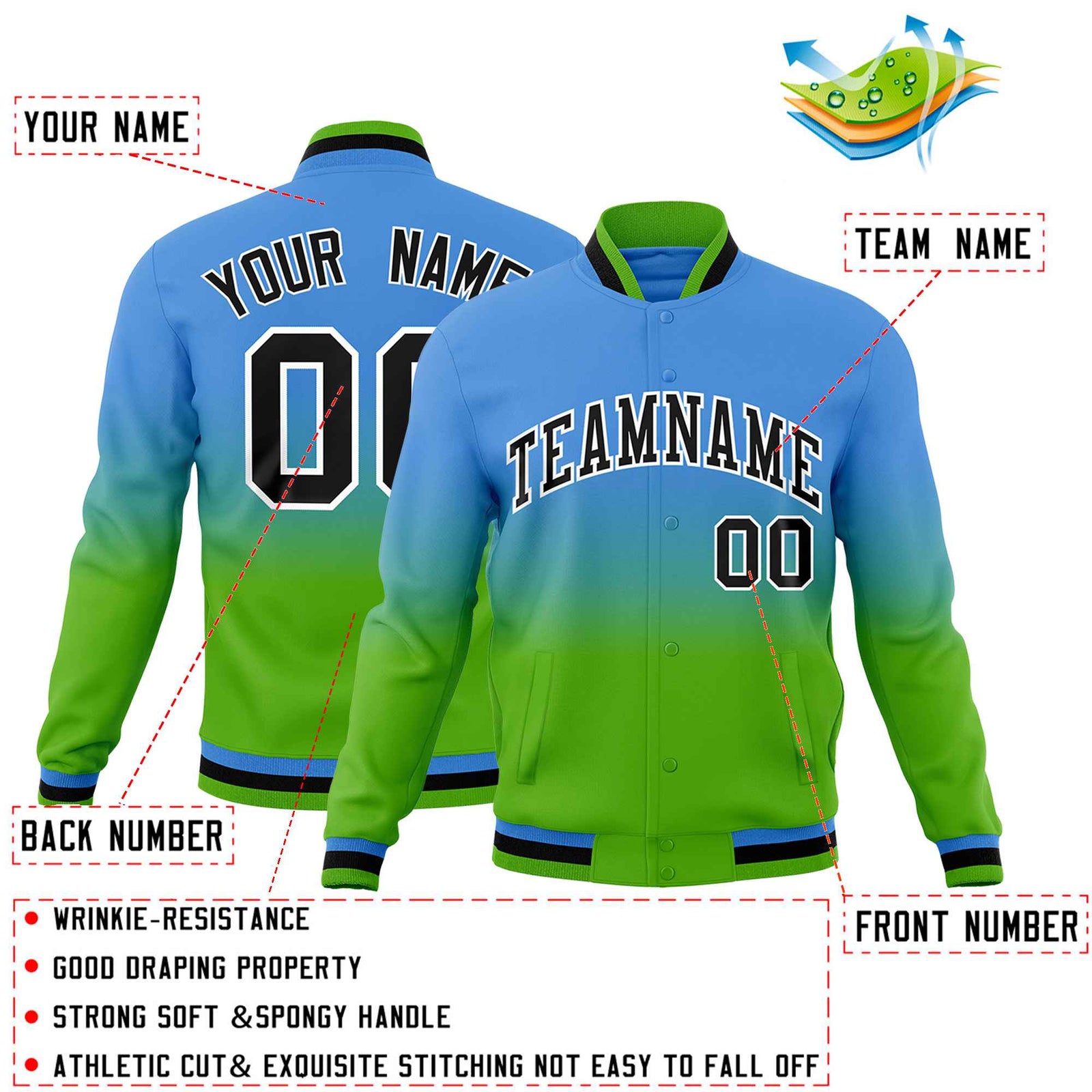 Custom Powder Blue Green Full-Snap Varsity Personalization Gradient Fashion Letterman Jacket