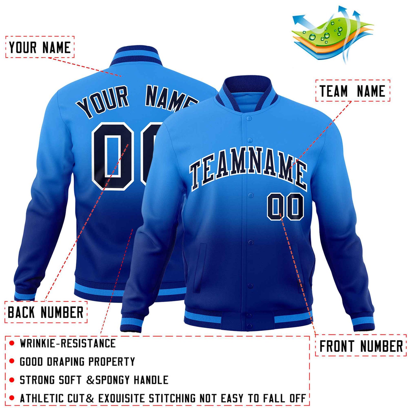 Custom Powder Blue Royal Full-Snap Varsity Personalization Gradient Fashion Letterman Jacket