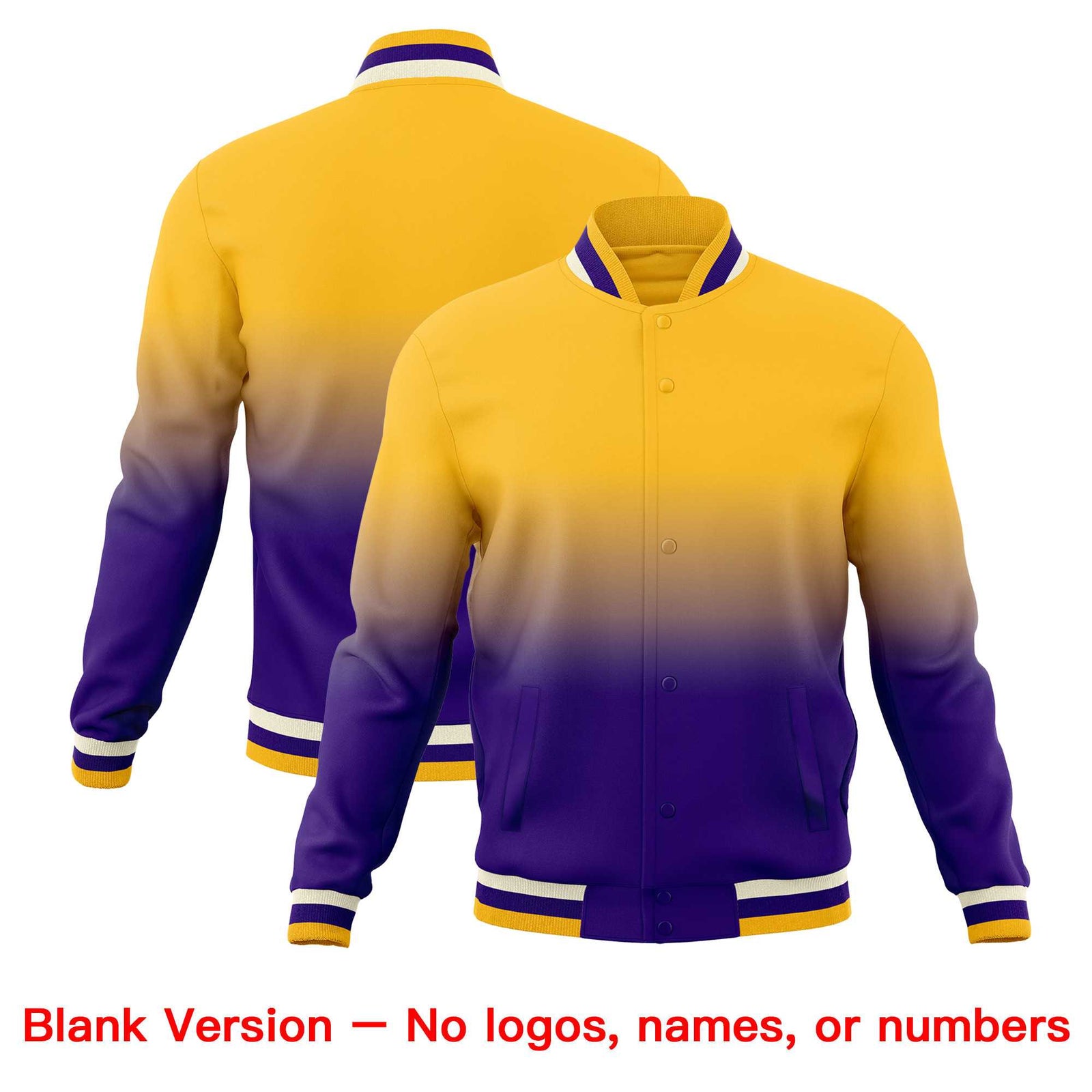 Custom Purple Gold Full-Snap Varsity Personalization Gradient Fashion Letterman Jacket