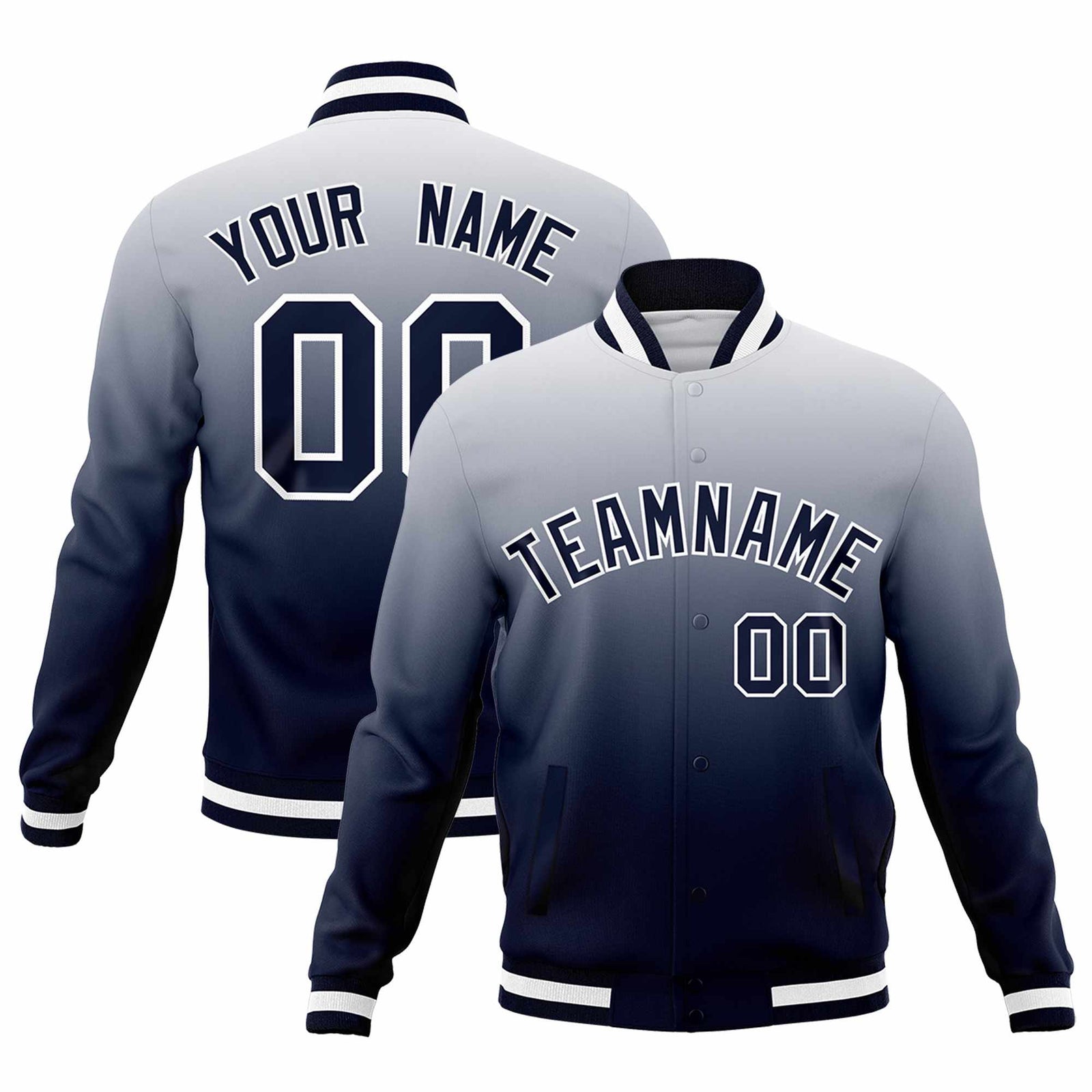 Custom Navy White Full-Snap Varsity Personalization Gradient Fashion Letterman Jacket