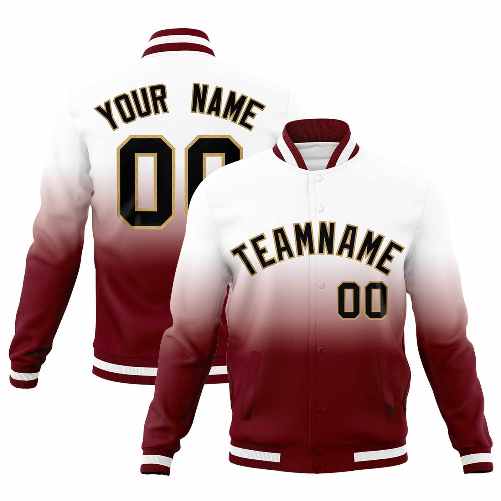Custom White Crimson Full-Snap Varsity Personalization Gradient Fashion Letterman Jacket
