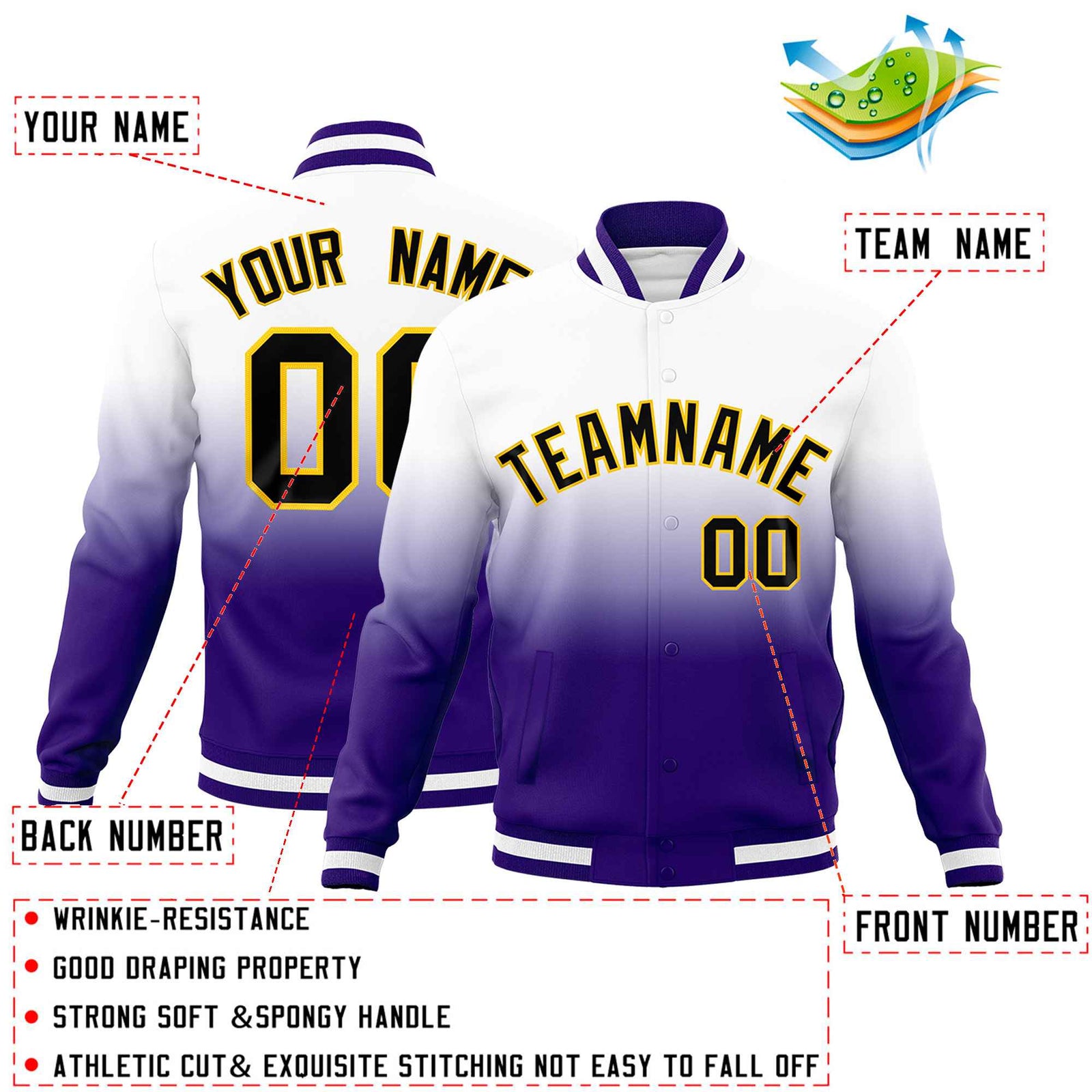 Custom White Purple Full-Snap Varsity Personalization Gradient Fashion Letterman Jacket