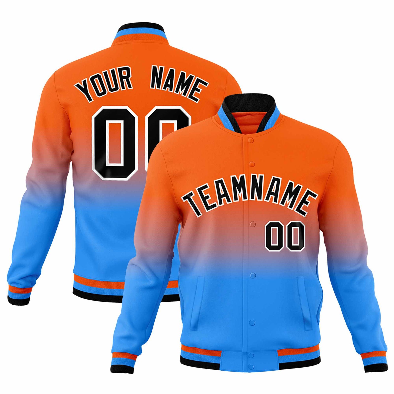 Custom Orange Powder Blue Full-Snap Varsity Personalization Gradient Fashion Letterman Jacket
