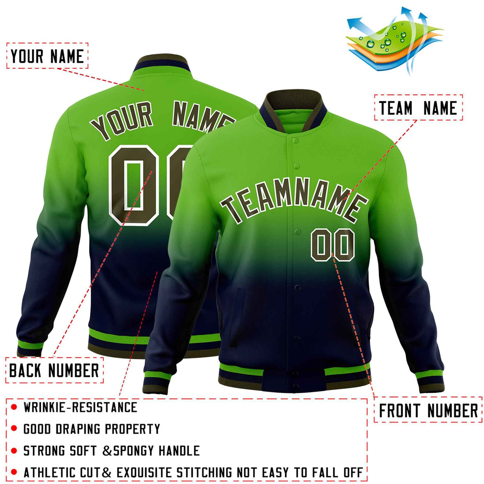 Custom Green Navy Full-Snap Varsity Personalization Gradient Fashion Letterman Jacket