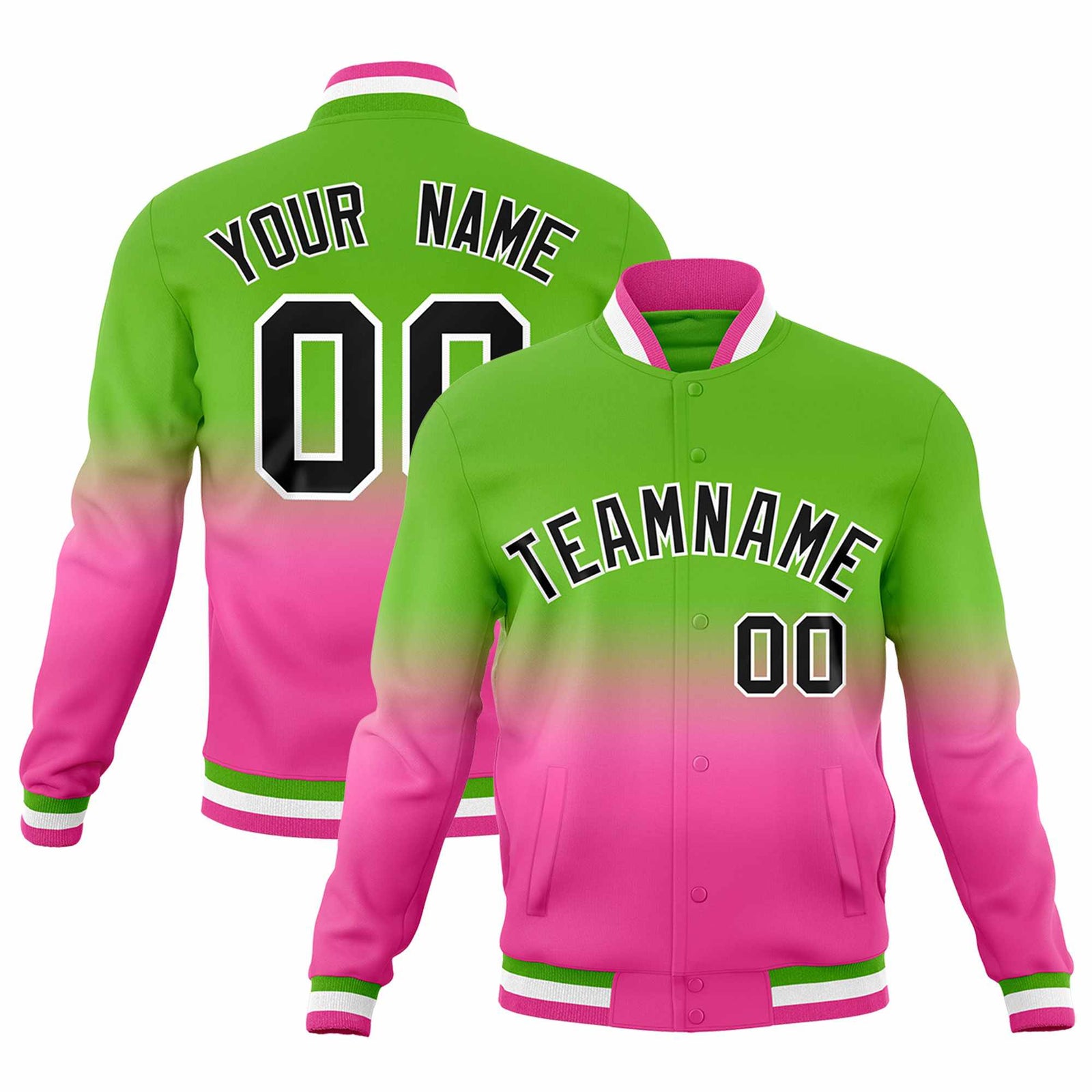 Custom Green Pink Full-Snap Varsity Personalization Gradient Fashion Letterman Jacket