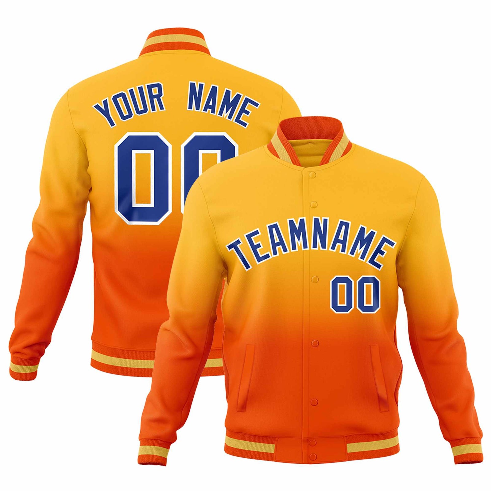 Custom Orange Gold Full-Snap Varsity Personalization Gradient Fashion Letterman Jacket