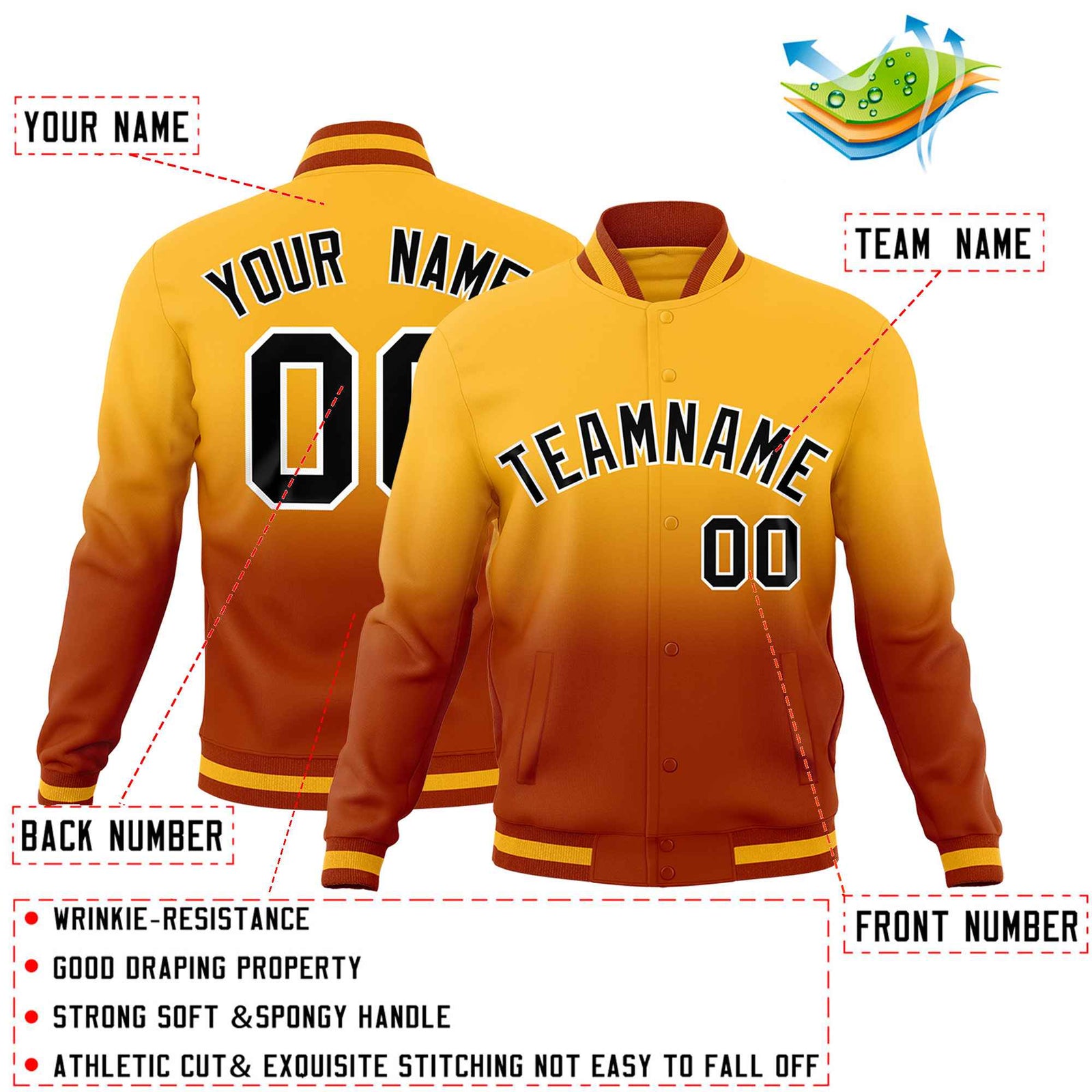 Custom Gold Dark Orange Full-Snap Varsity Personalization Gradient Fashion Letterman Jacket