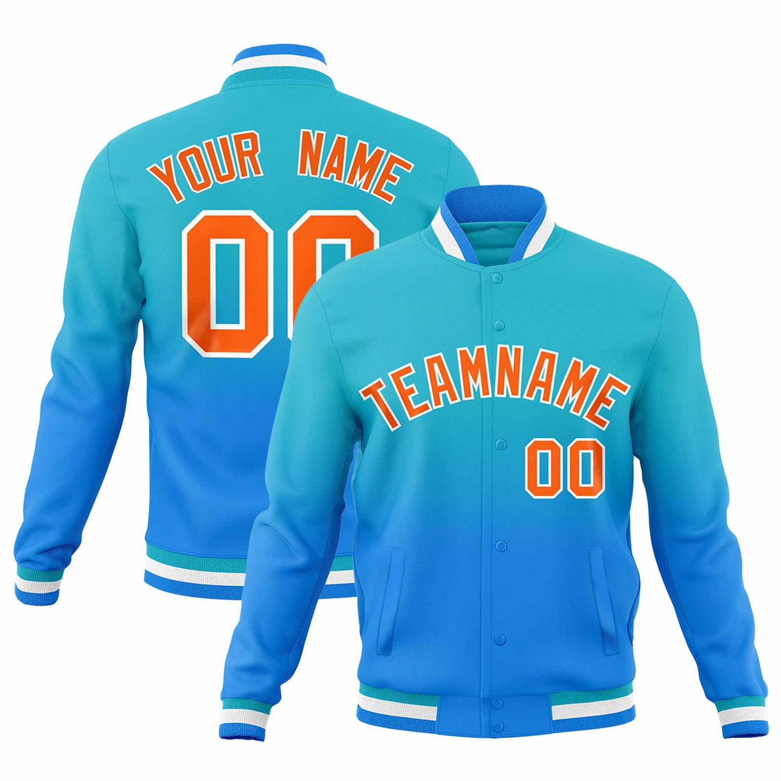 Custom Sky Blue Powder Blue Full-Snap Varsity Personalization Gradient Fashion Letterman Jacket