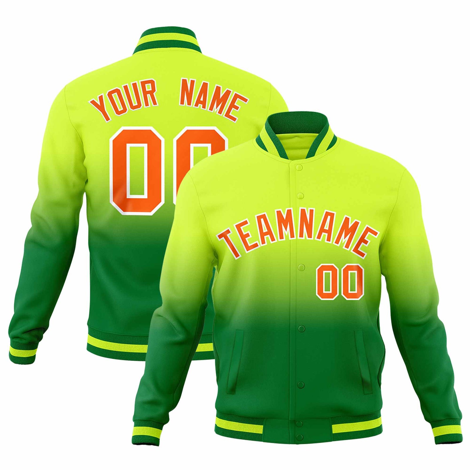 Custom Neon Green Kelly Green Full-Snap Varsity Personalization Gradient Fashion Letterman Jacket