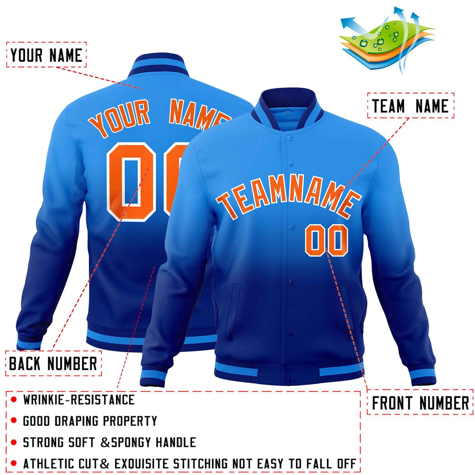 Custom Powder Blue Royal Full-Snap Varsity Personalization Gradient Fashion Letterman Jacket