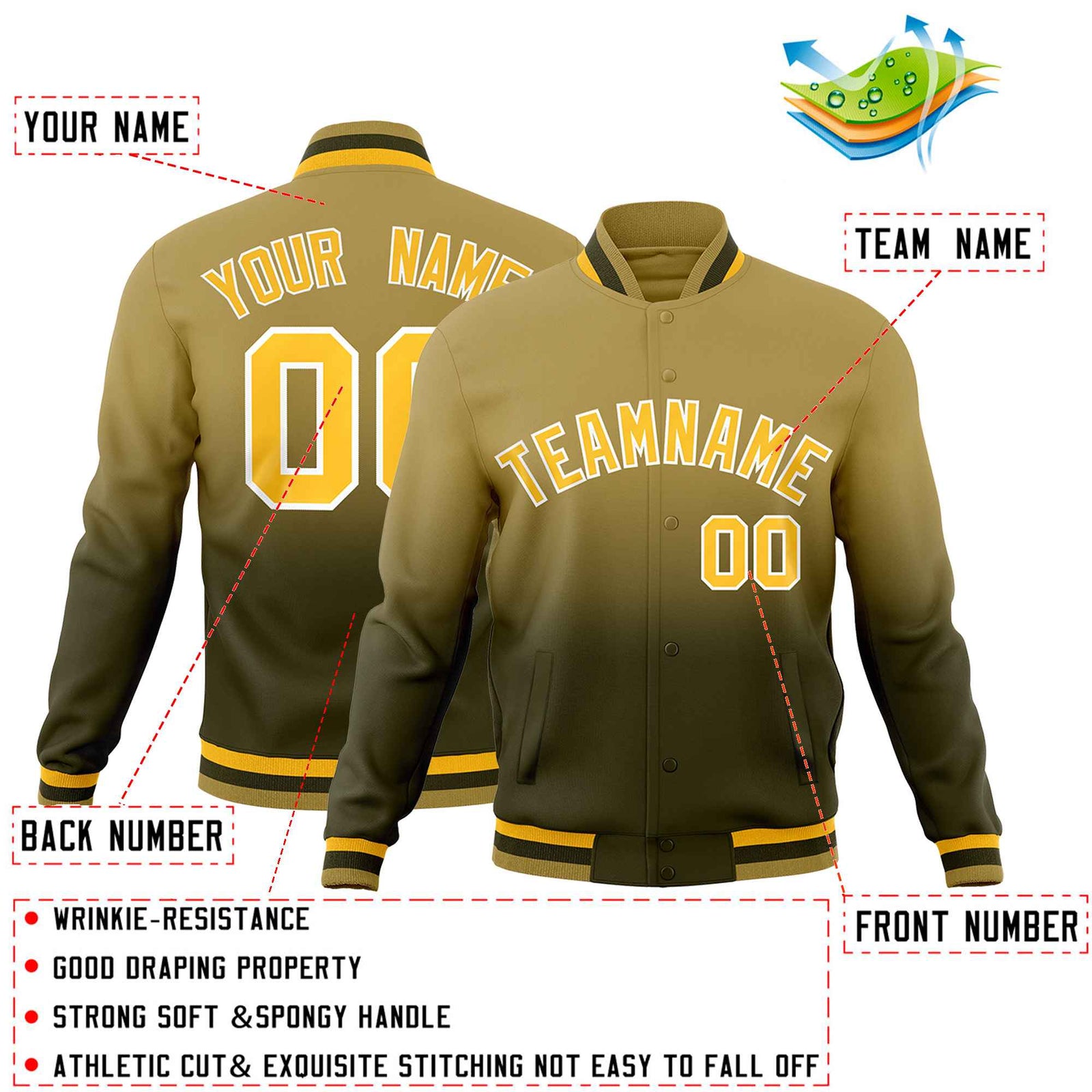 Custom Olive Desert Yellow Full-Snap Varsity Personalization Gradient Fashion Letterman Jacket