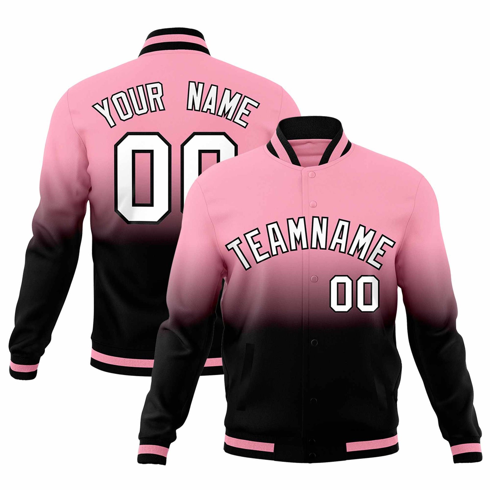 Custom Light Pink Black Full-Snap Varsity Personalization Gradient Fashion Letterman Jacket