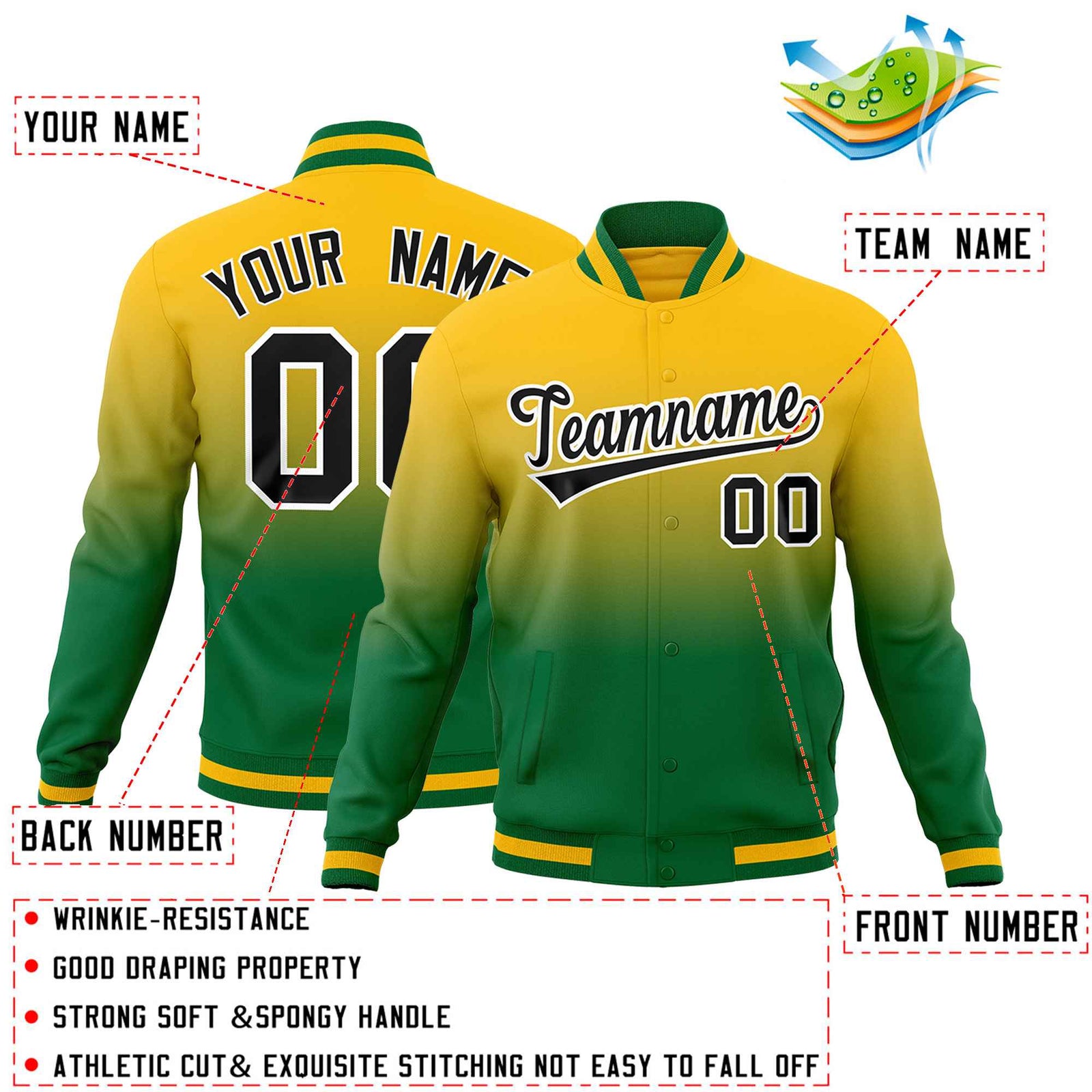 Custom Yellow Kelly Green Full-Snap Varsity Personalization Gradient Fashion Letterman Jacket| KXKSHOP
