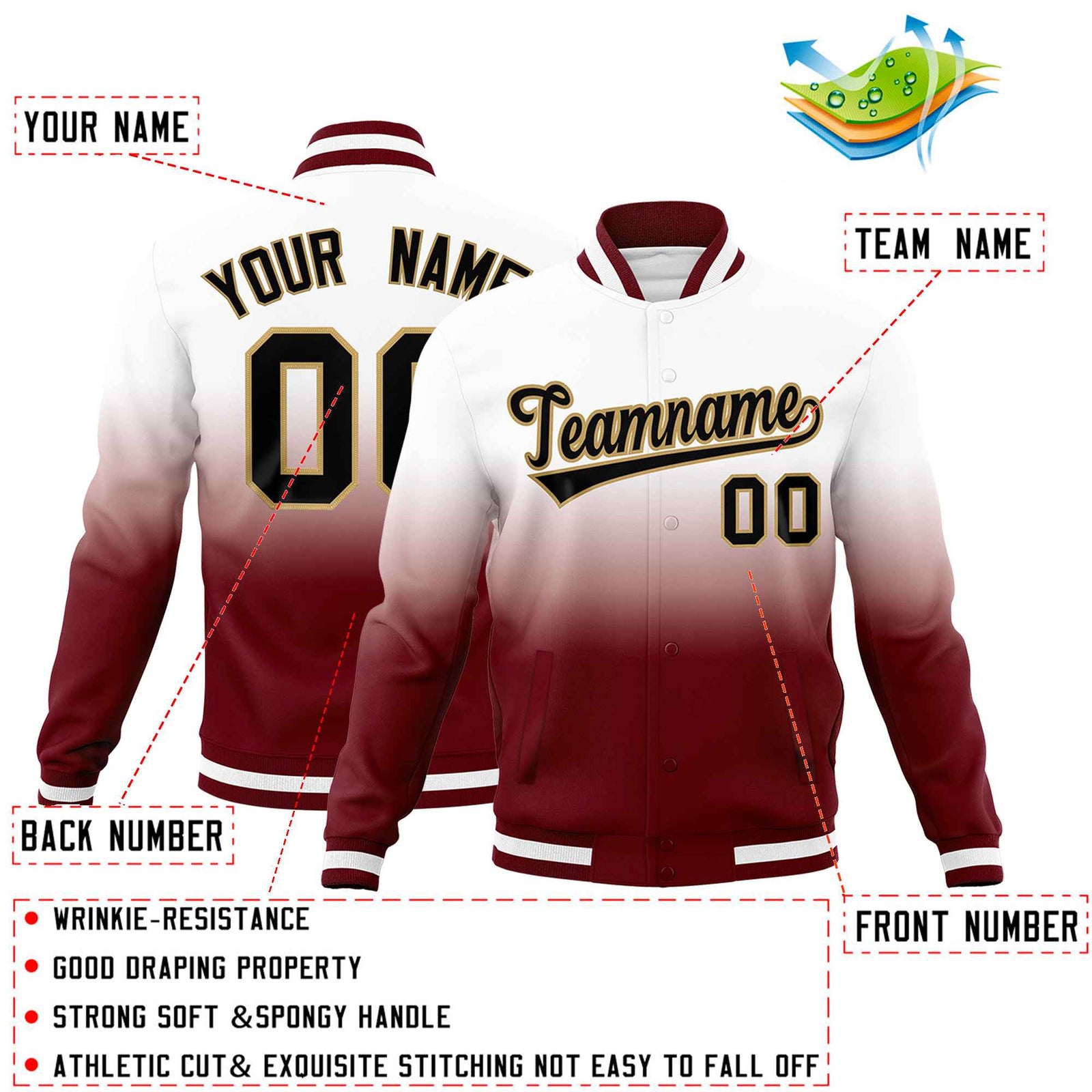 Custom White Crimson Full-Snap Varsity Personalization Gradient Fashion Letterman Jacket| KXKSHOP