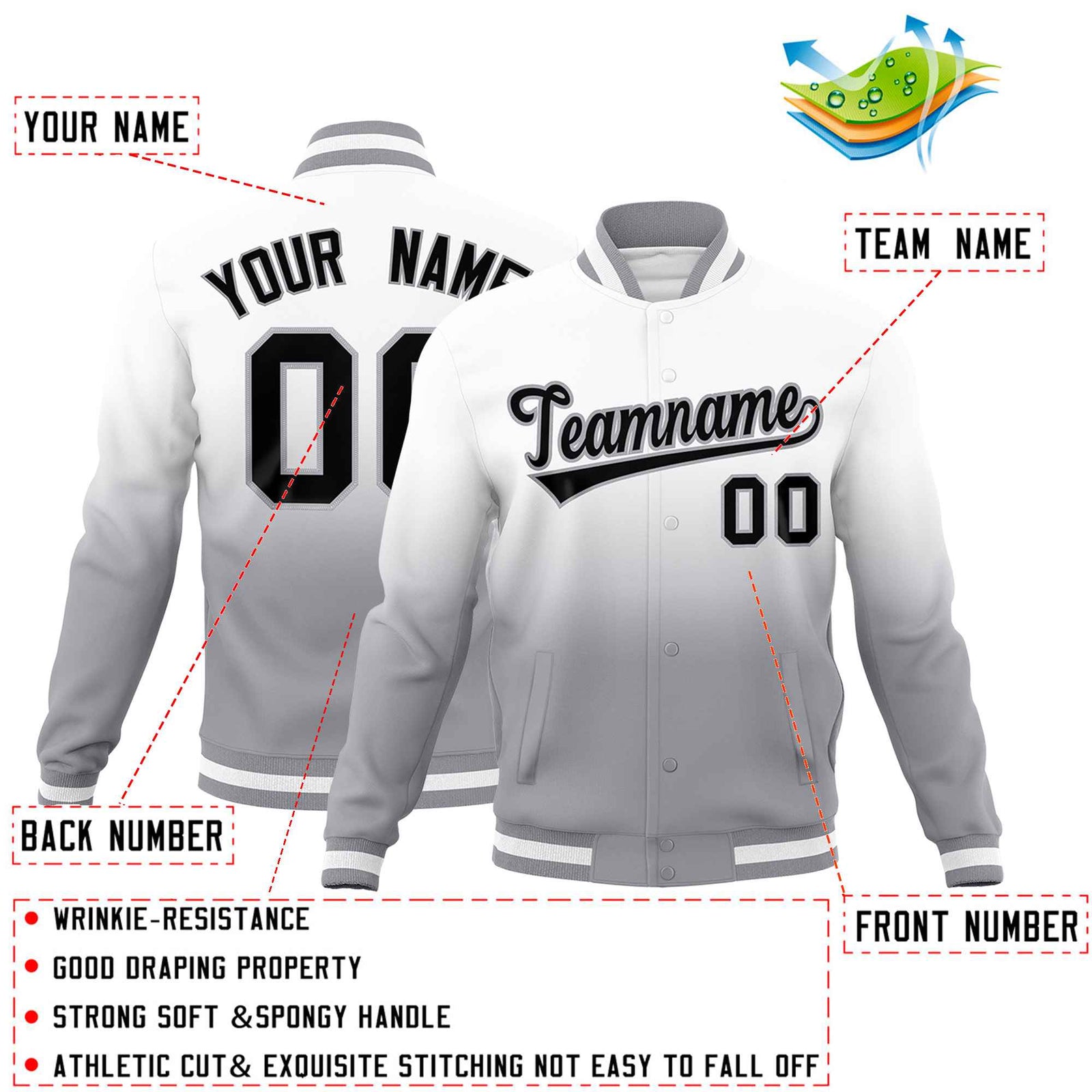 Custom White Gray Full-Snap Varsity Personalization Gradient Fashion Letterman Jacket| KXKSHOP
