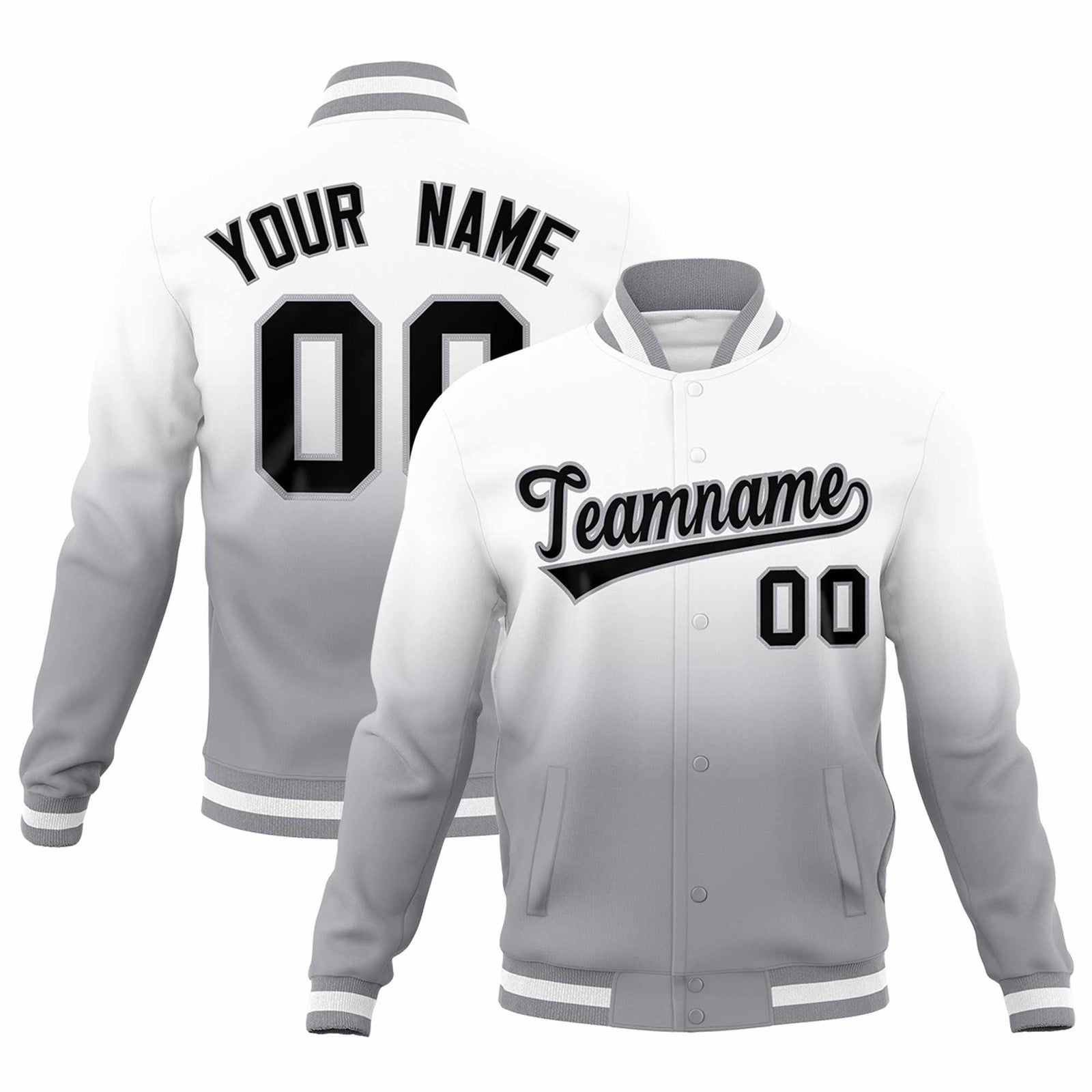 Custom White Gray Full-Snap Varsity Personalization Gradient Fashion Letterman Jacket| KXKSHOP