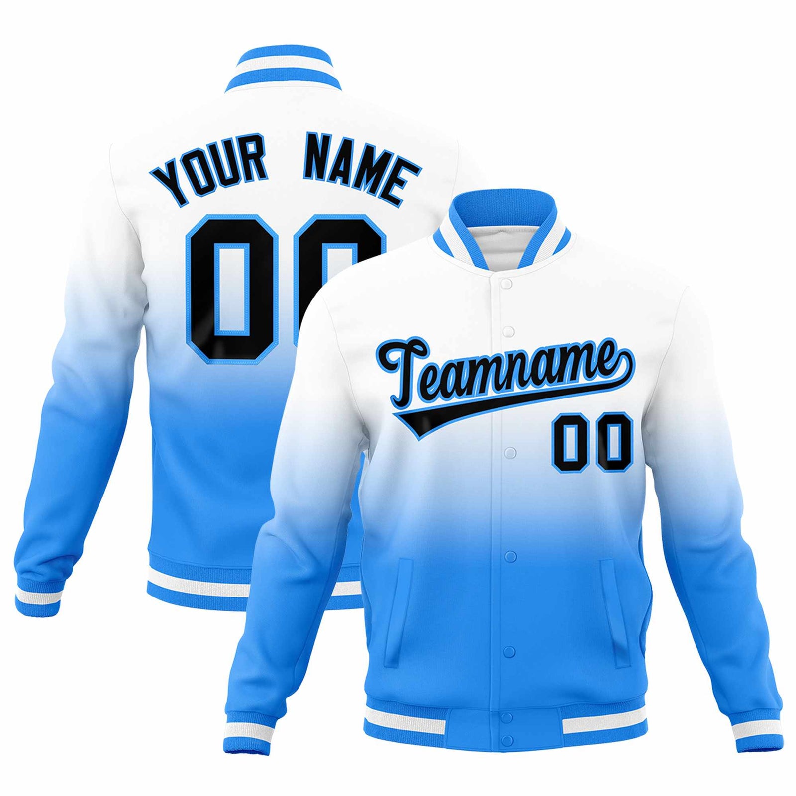 Custom White Powder Blue Full-Snap Varsity Personalization Gradient Fashion Letterman Jacket| KXKSHOP