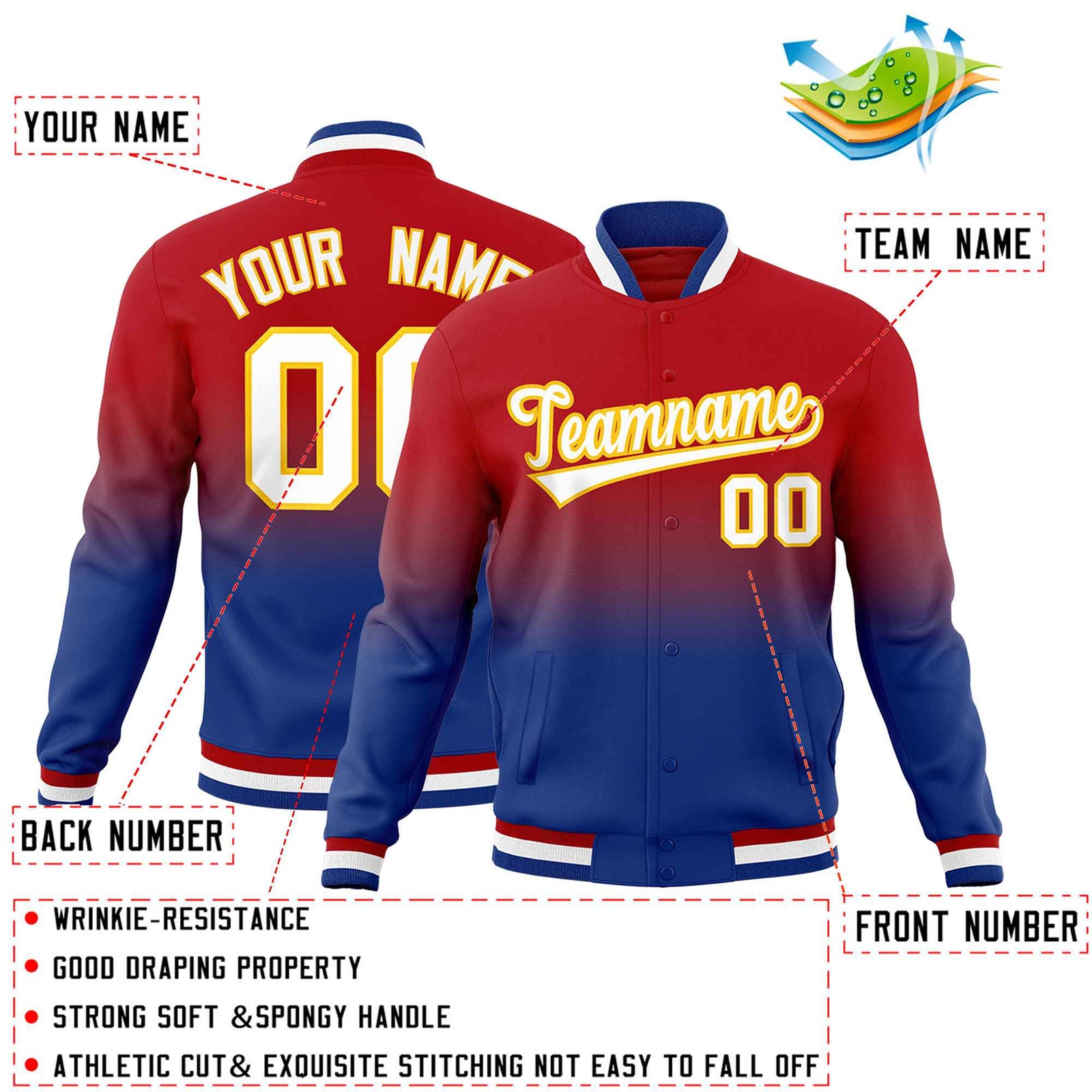 Custom Red Royal Full-Snap Varsity Personalization Gradient Fashion Letterman Jacket| KXKSHOP