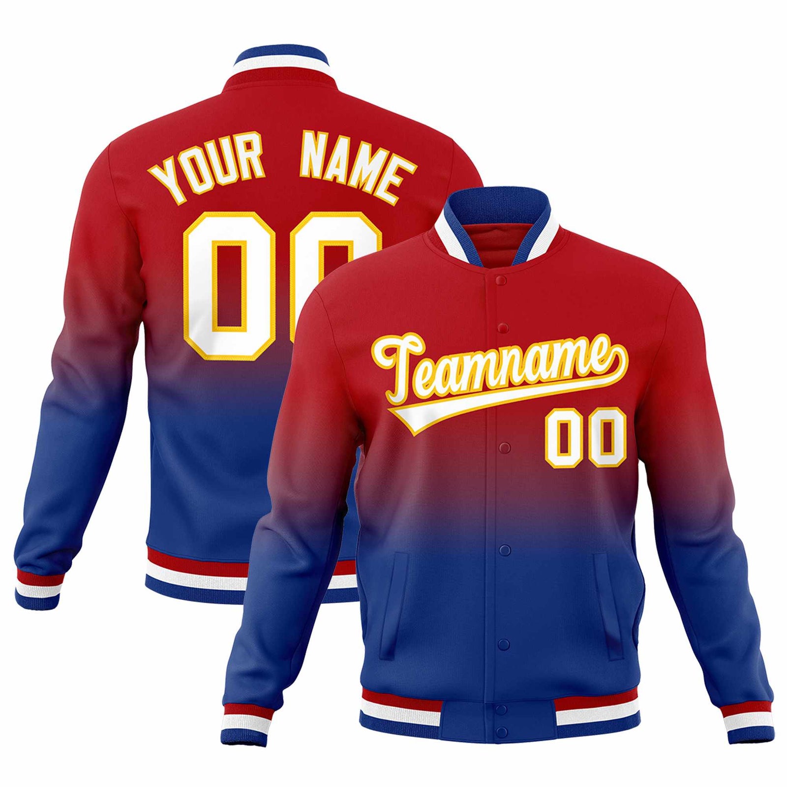 Custom Red Royal Full-Snap Varsity Personalization Gradient Fashion Letterman Jacket| KXKSHOP