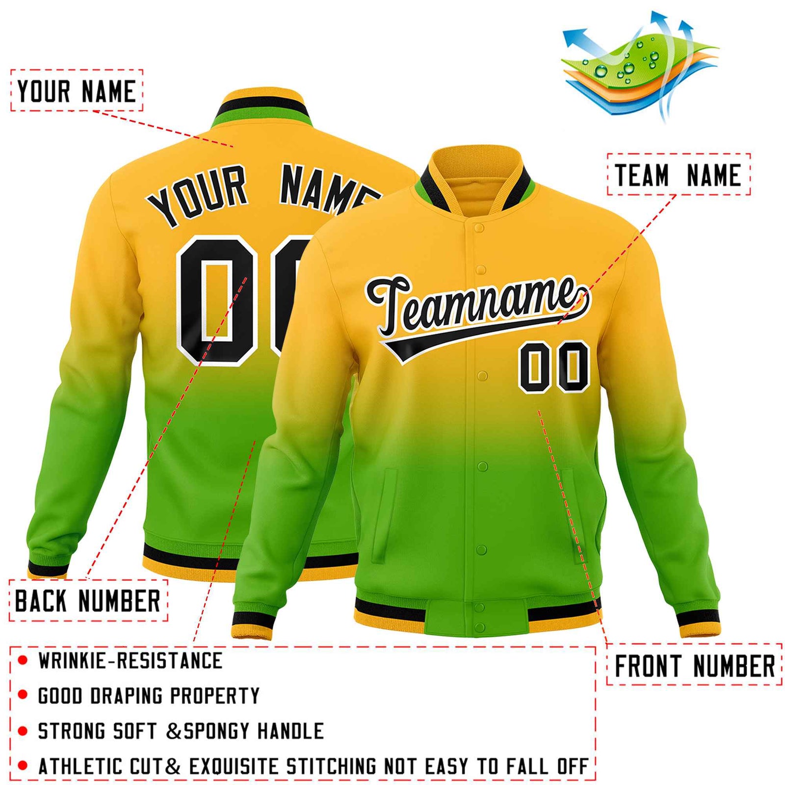 Custom Yellow Green Full-Snap Varsity Personalization Gradient Fashion Letterman Jacket| KXKSHOP