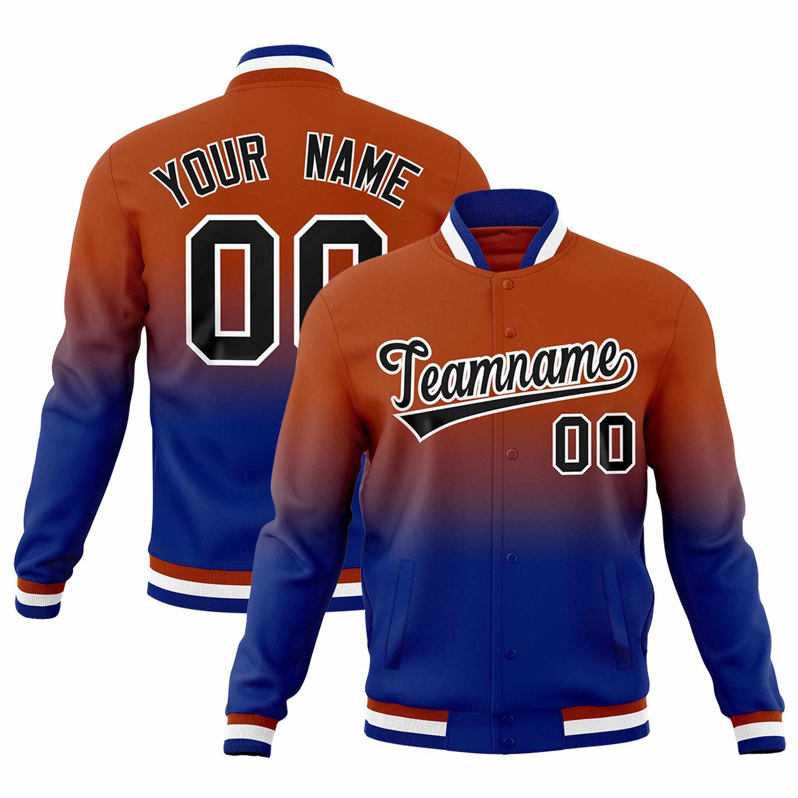 Custom Dark Orange Royal Blue Full-Snap Varsity Personalization Gradient Fashion Letterman Jacket| KXKSHOP