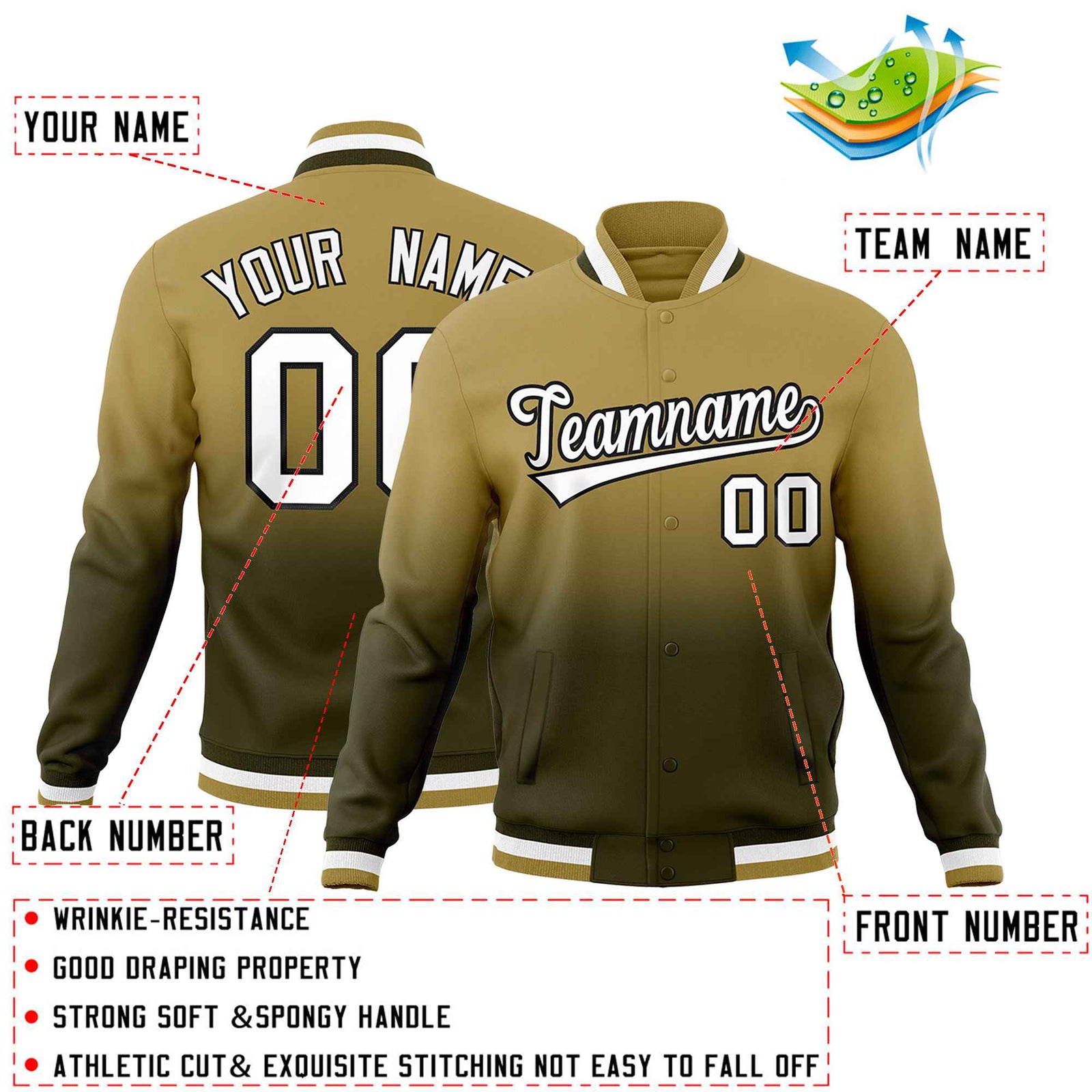 Custom Desert Yellow Olive Full-Snap Varsity Personalization Gradient Fashion Letterman Jacket| KXKSHOP