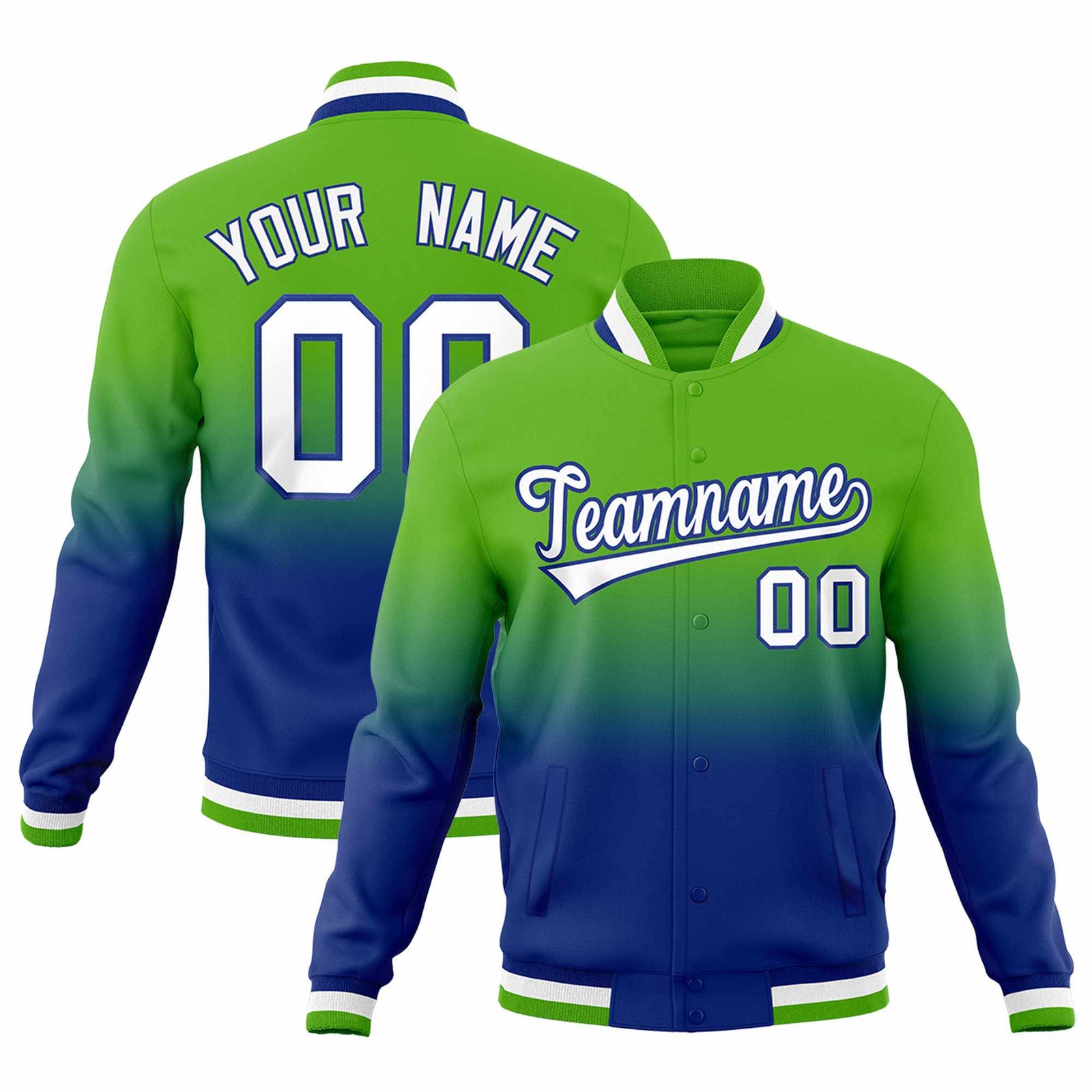 Custom Royal Green Full-Snap Varsity Personalization Gradient Fashion Letterman Jacket| KXKSHOP