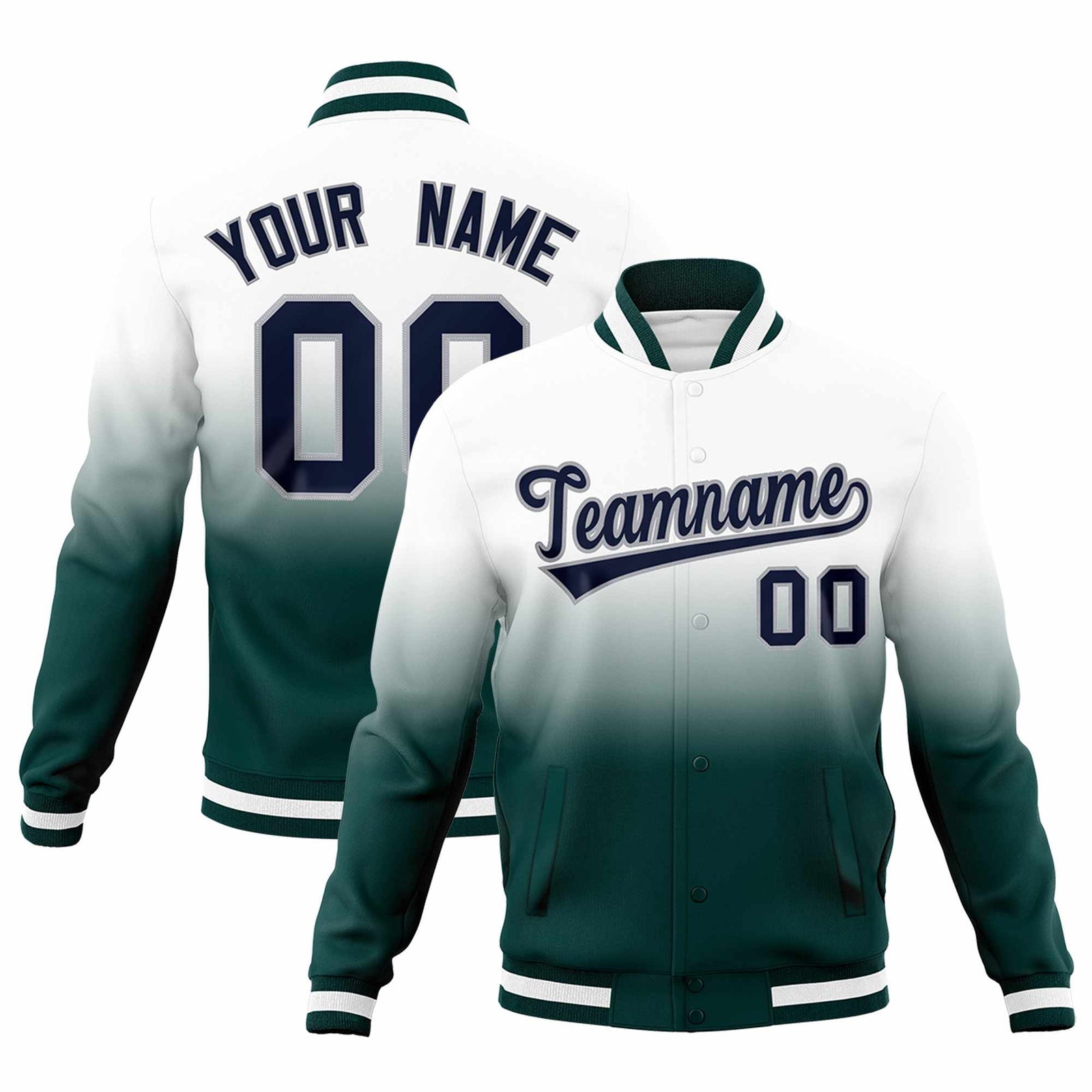 Custom White Midnight Green Full-Snap Varsity Personalization Gradient Fashion Letterman Jacket| KXKSHOP