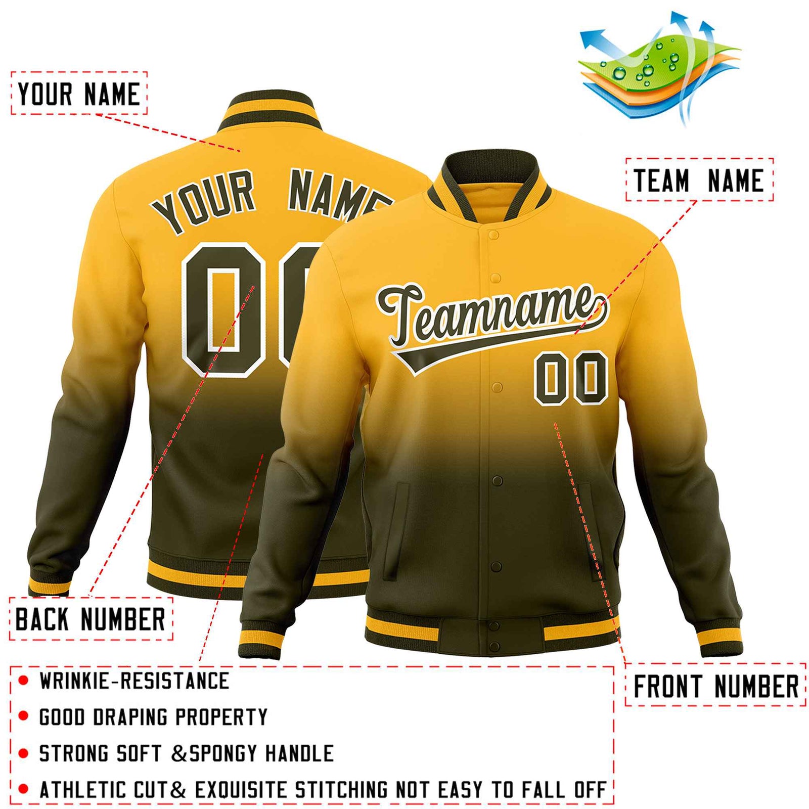 Custom Gold Olive Full-Snap Varsity Personalization Gradient Fashion Letterman Jacket| KXKSHOP