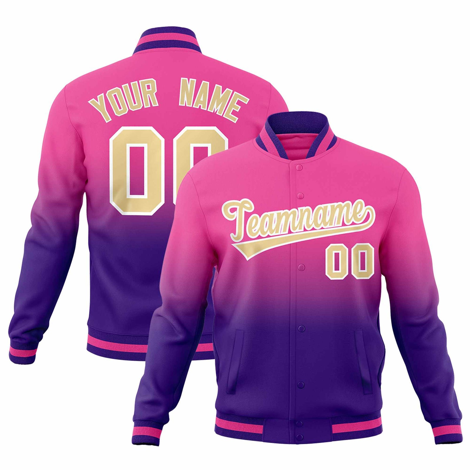 Custom Pink Purple Full-Snap Varsity Personalization Gradient Fashion Letterman Jacket| KXKSHOP
